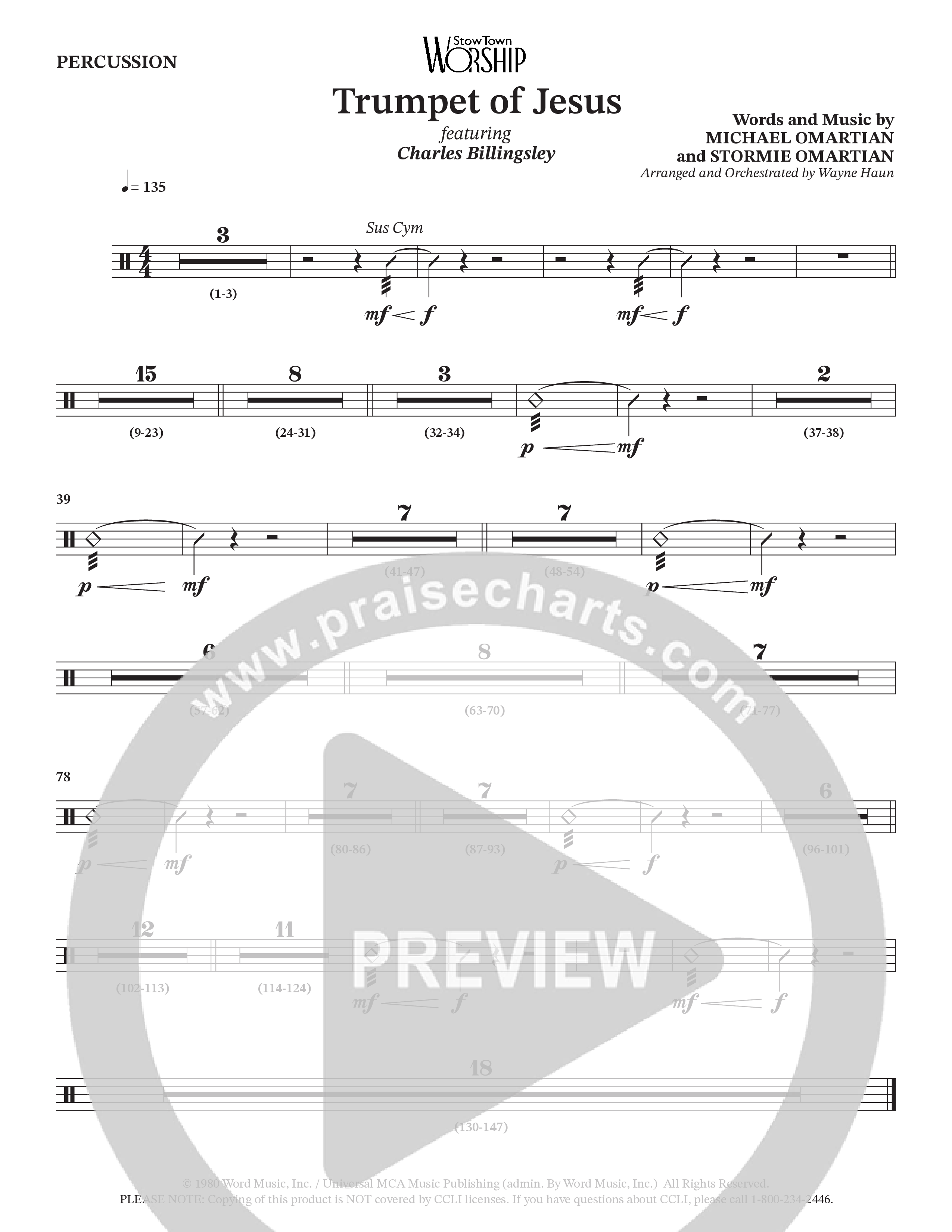 Trumpet Of Jesus (Choral Anthem SATB) Percussion (Charles Billingsley / Russ Taff / Arr. Wayne Haun)