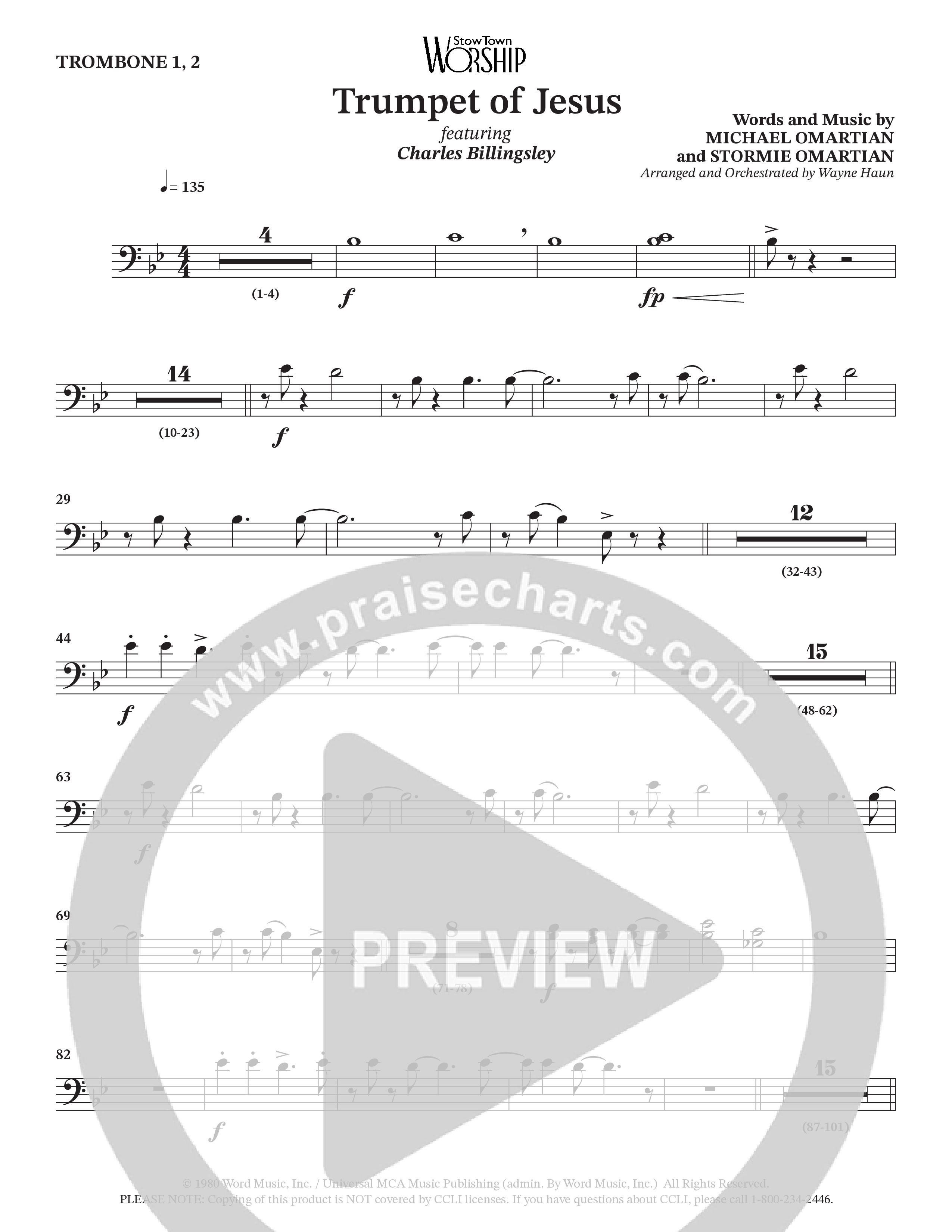 Trumpet Of Jesus (Choral Anthem SATB) Trombone 1/2 (Charles Billingsley / Russ Taff / Arr. Wayne Haun)