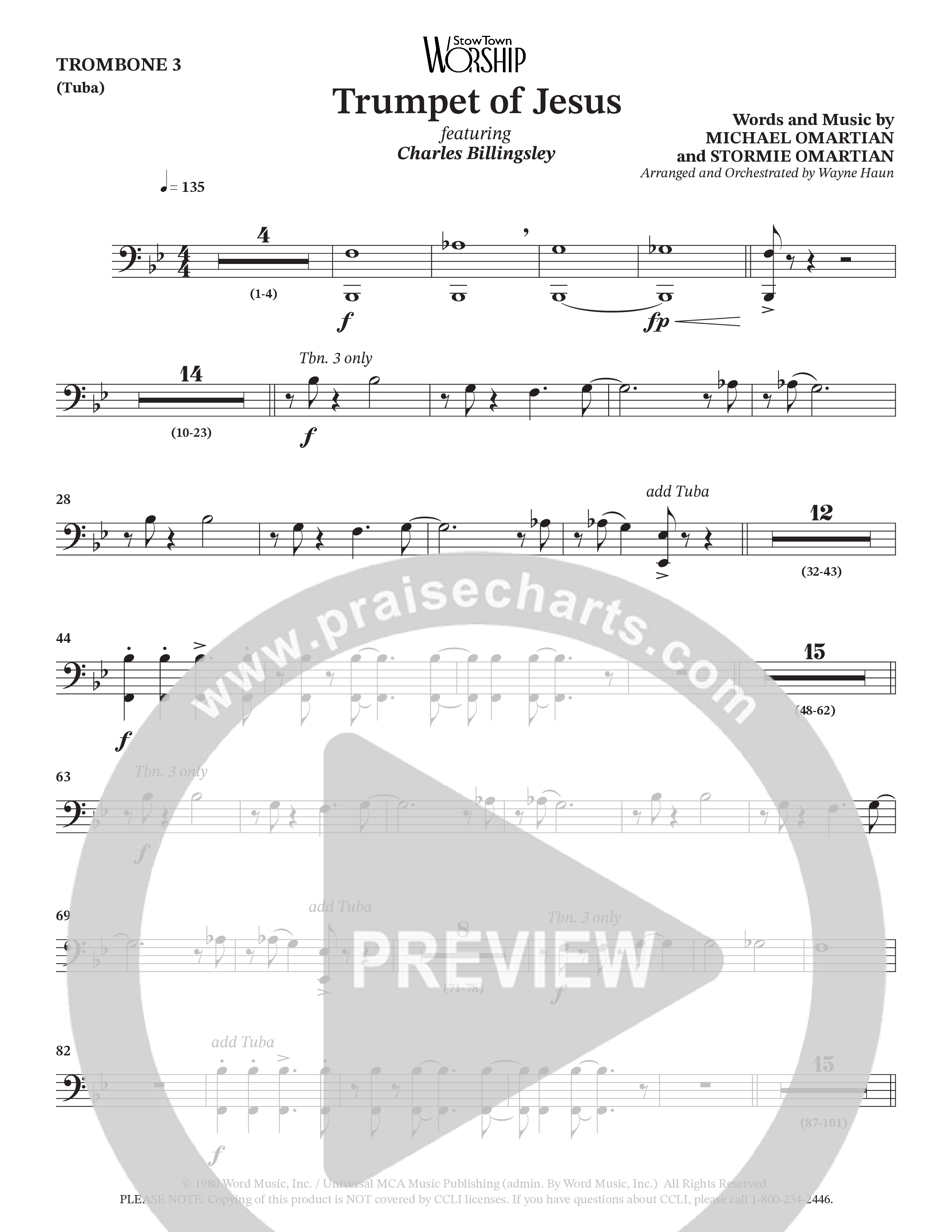 Trumpet Of Jesus (Choral Anthem SATB) Trombone 3/Tuba (Charles Billingsley / Russ Taff / Arr. Wayne Haun)