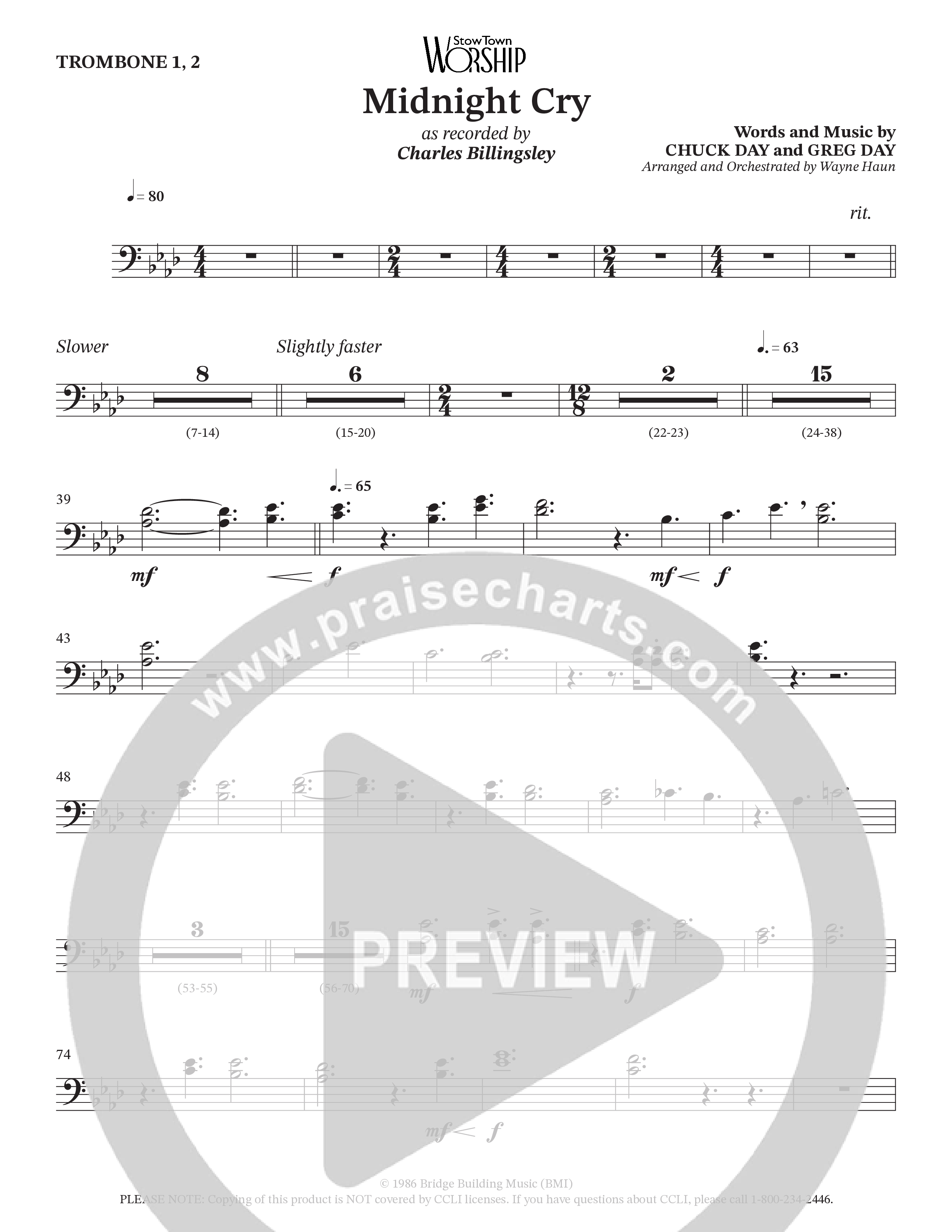 Midnight Cry (Choral Anthem SATB) Trombone 1/2 (Charles Billingsley / Arr. Wayne Haun)