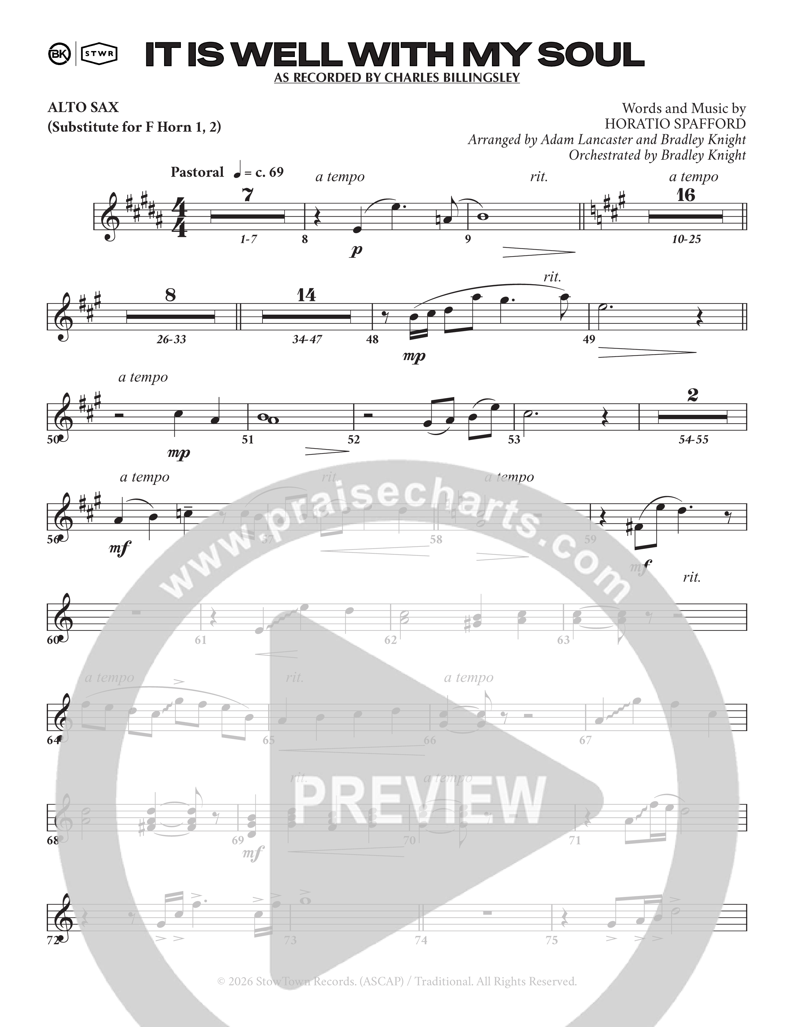 It Is Well (Choral Anthem SATB) Alto Sax (Charles Billingsley / Arr. Adam Lancaster)