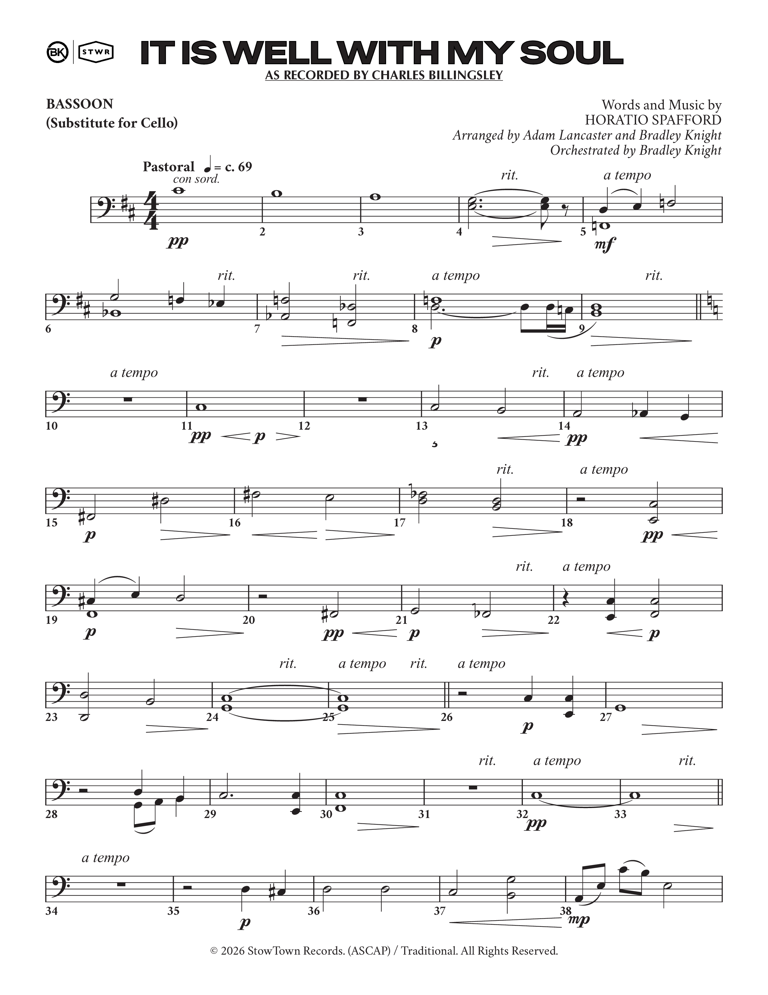 It Is Well (Choral Anthem SATB) Bassoon (Charles Billingsley / Arr. Adam Lancaster)