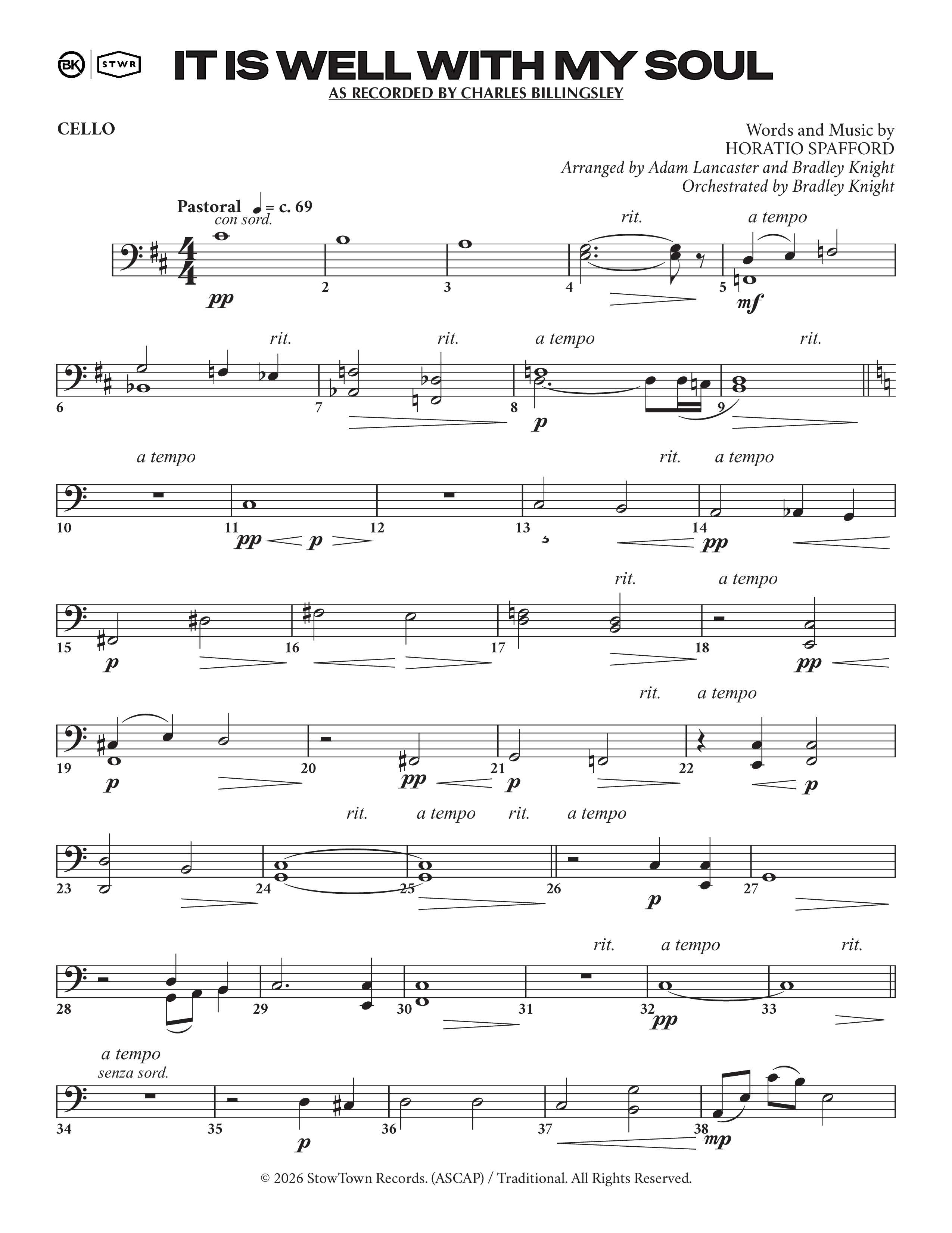 It Is Well (Choral Anthem SATB) Cello (Charles Billingsley / Arr. Adam Lancaster)
