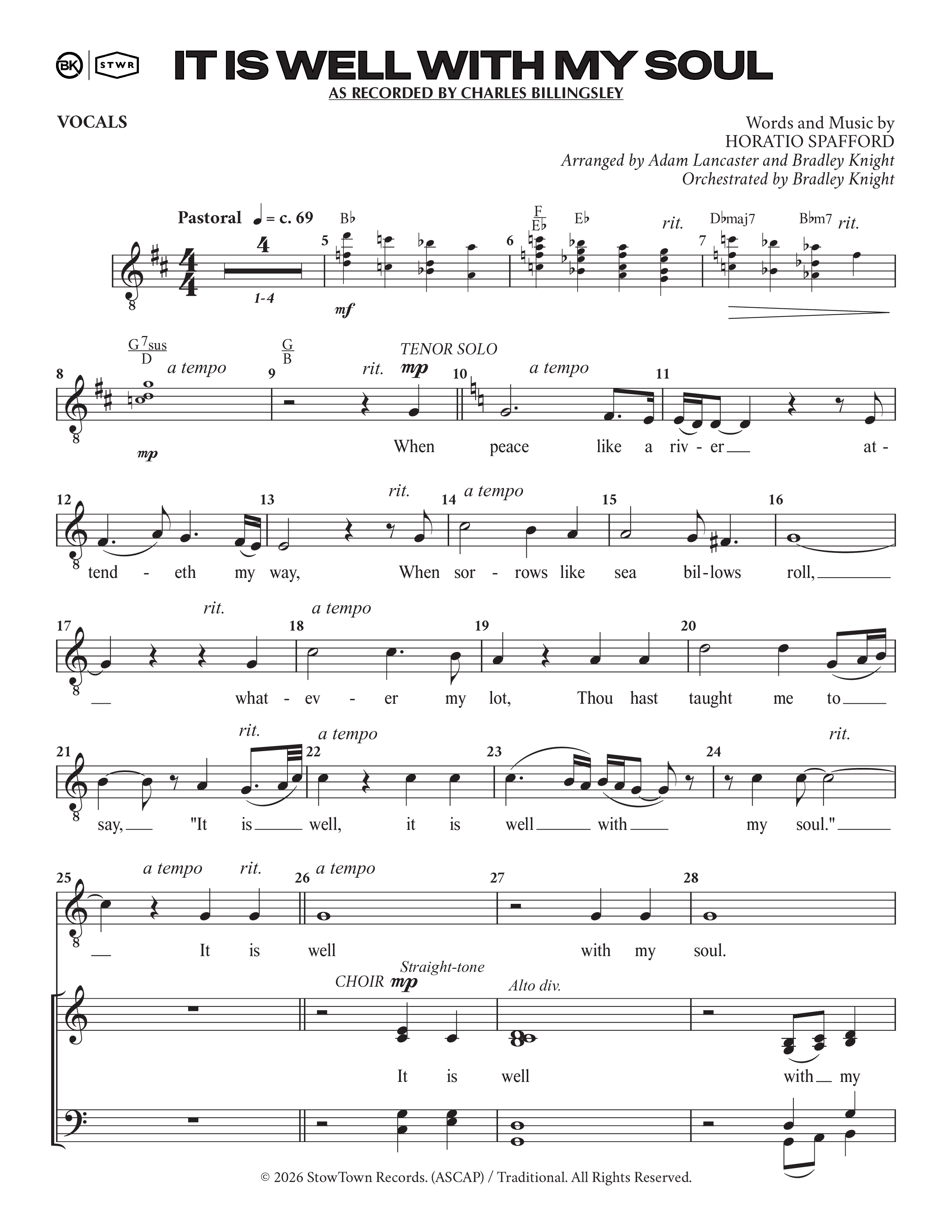 It Is Well (Choral Anthem SATB) Choir Sheet (Charles Billingsley / Arr. Adam Lancaster)