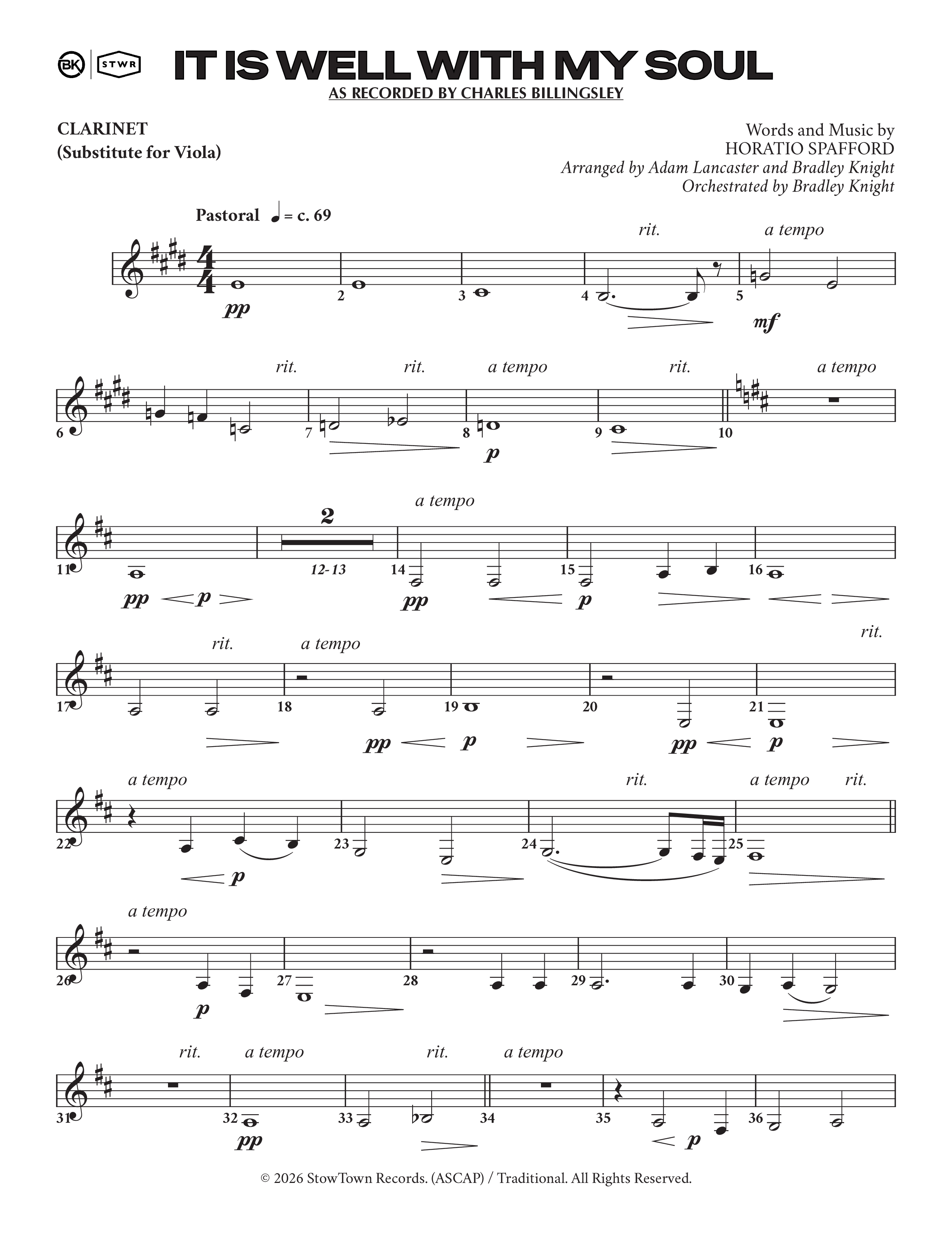 It Is Well (Choral Anthem SATB) Clarinet (Charles Billingsley / Arr. Adam Lancaster)