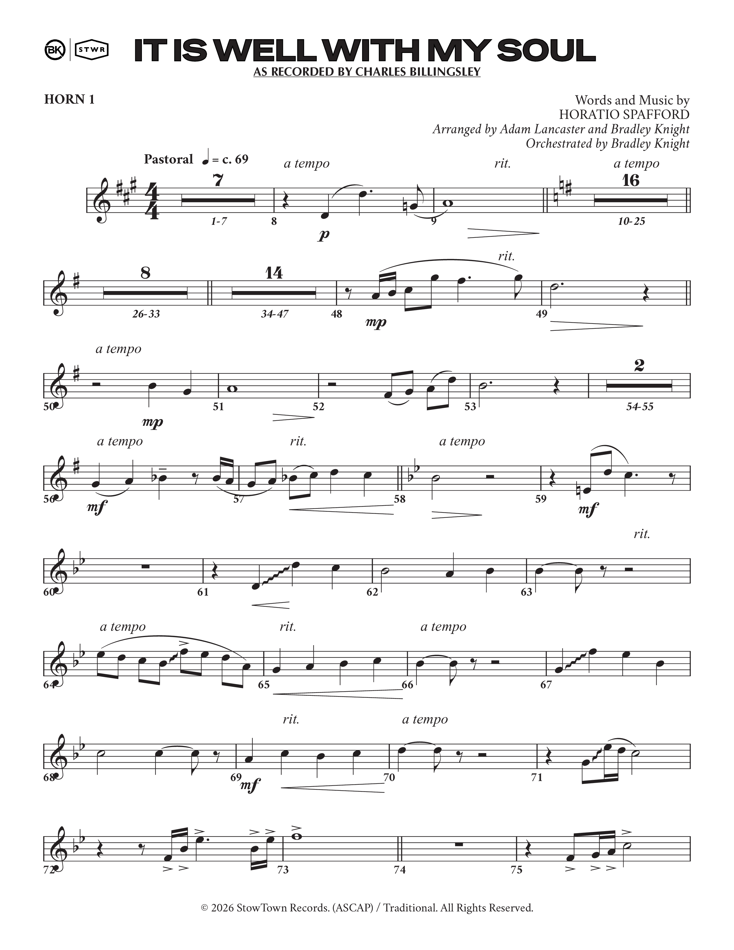 It Is Well (Choral Anthem SATB) French Horn 1/2 (Charles Billingsley / Arr. Adam Lancaster)