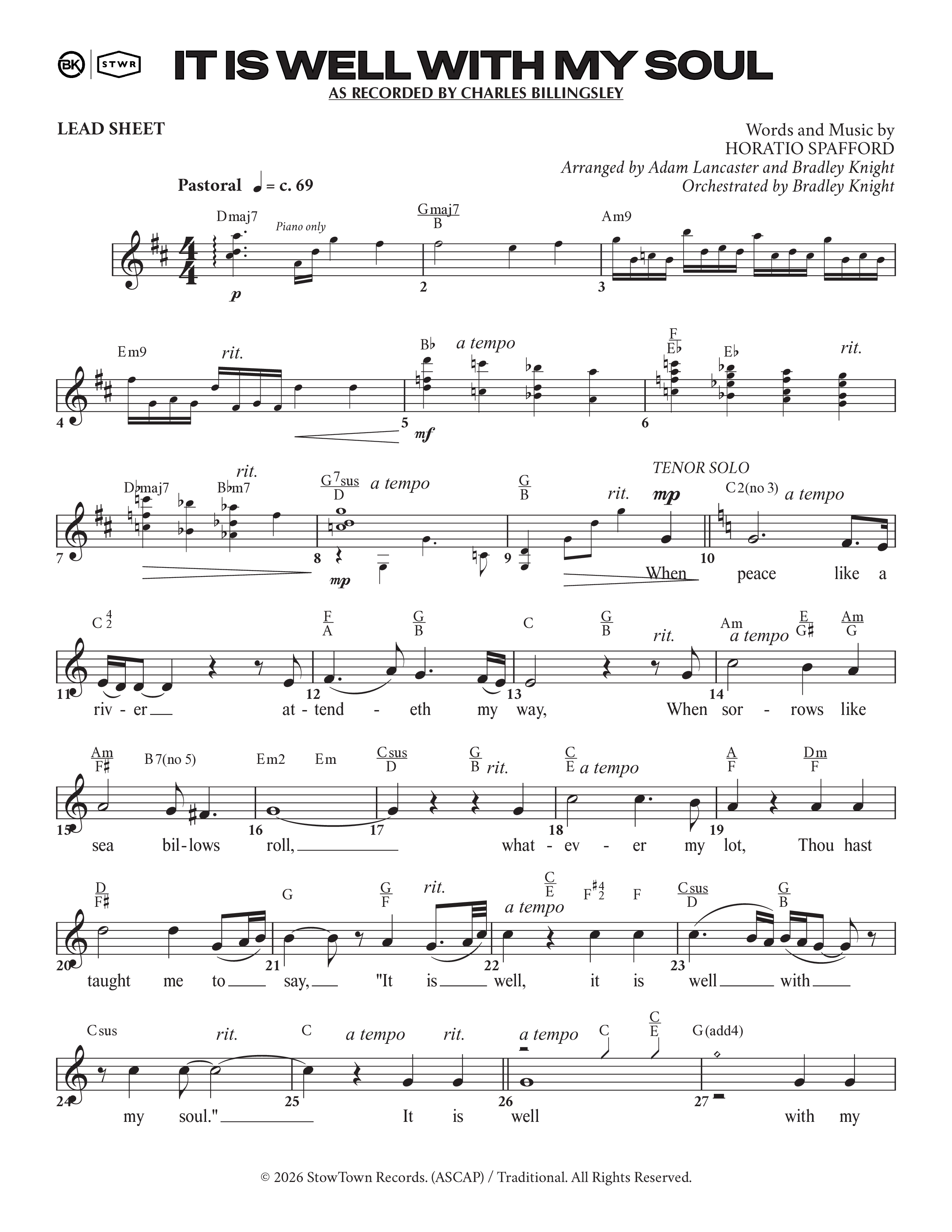 It Is Well (Choral Anthem SATB) Lead Sheet Melody (Charles Billingsley / Arr. Adam Lancaster)