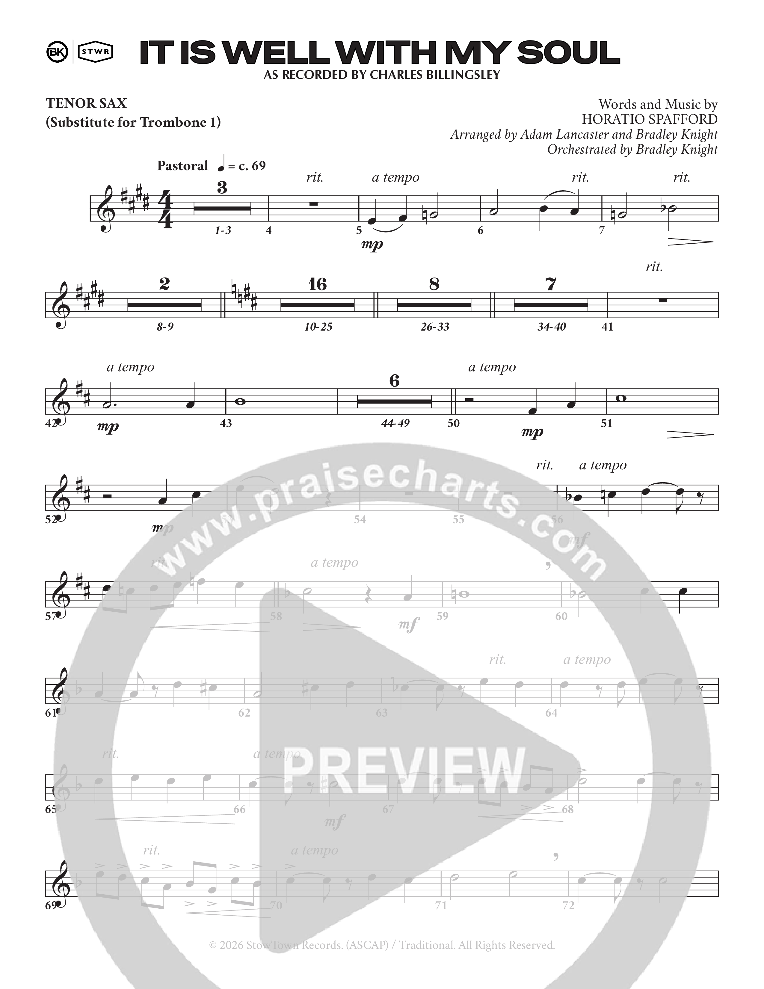It Is Well (Choral Anthem SATB) Tenor Sax 1 (Charles Billingsley / Arr. Adam Lancaster)
