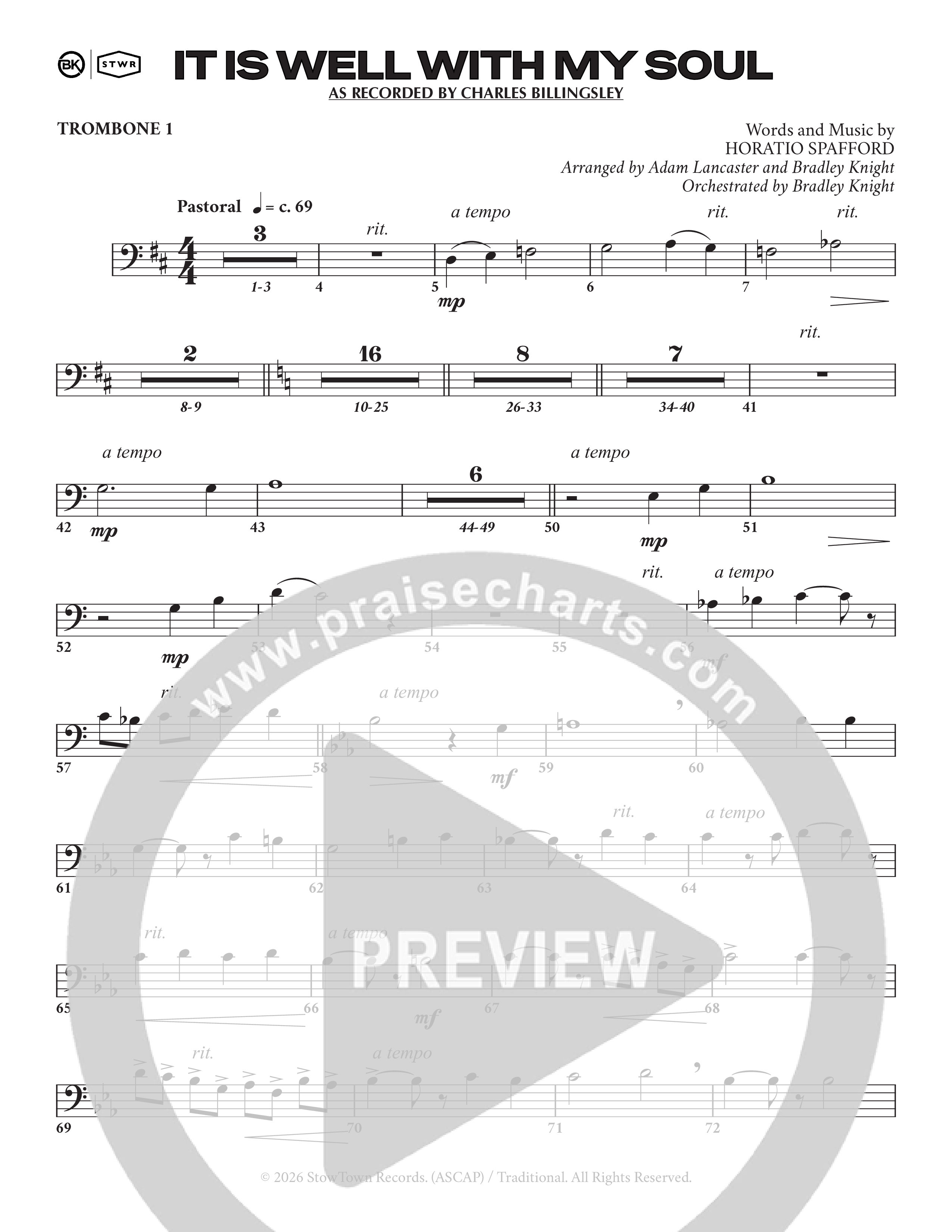 It Is Well (Choral Anthem SATB) Trombone 1 (Charles Billingsley / Arr. Adam Lancaster)