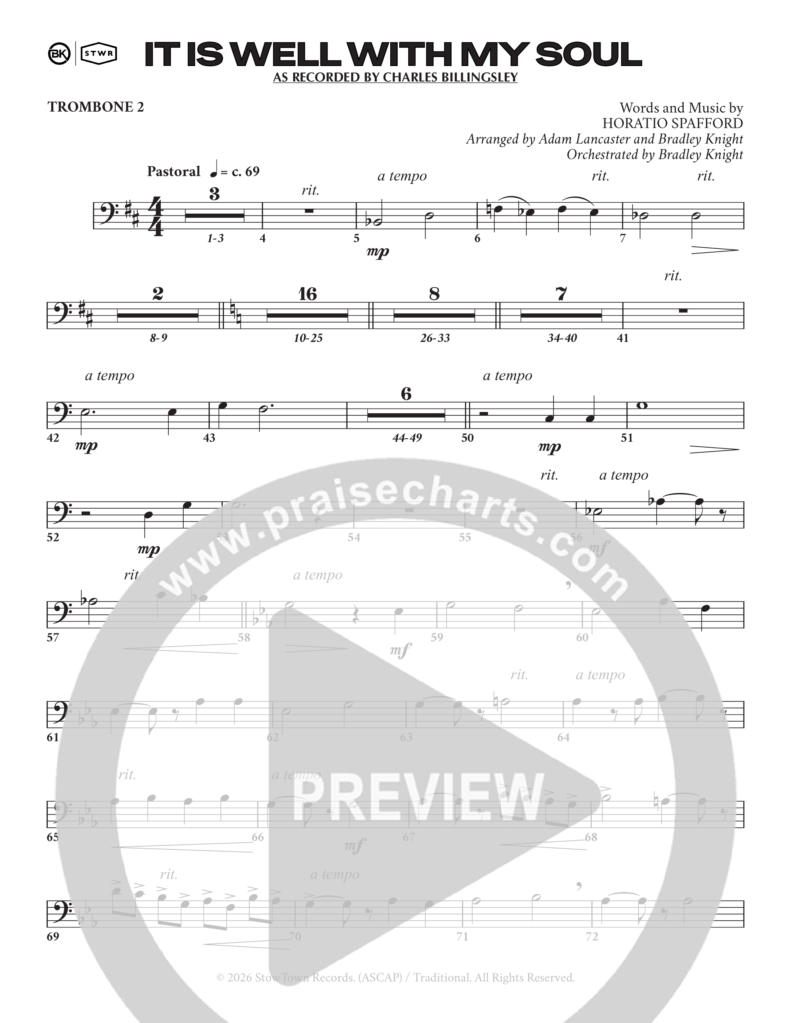 It Is Well (Choral Anthem SATB) Trombone 2 (Charles Billingsley / Arr. Adam Lancaster)