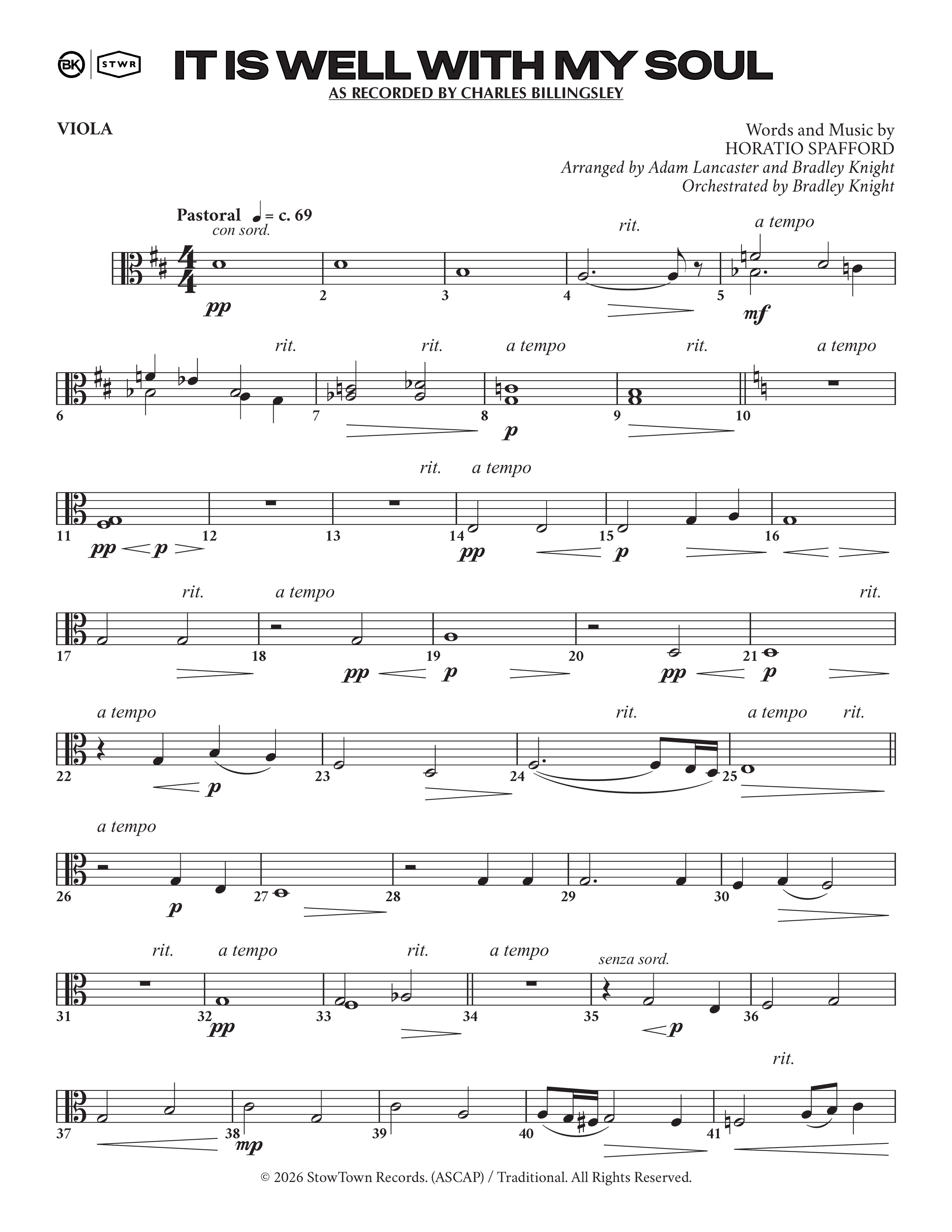 It Is Well (Choral Anthem SATB) Viola (Charles Billingsley / Arr. Adam Lancaster)