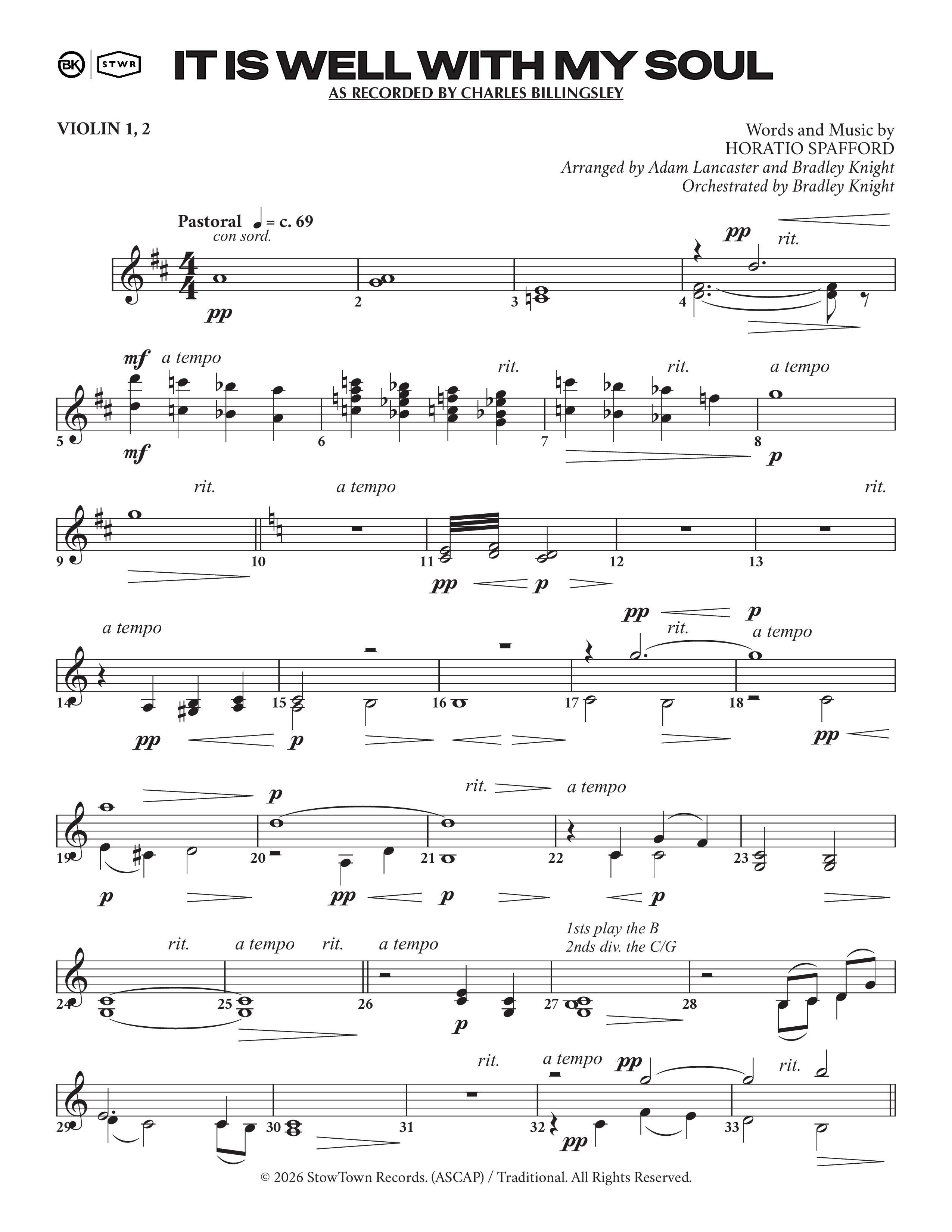 It Is Well (Choral Anthem SATB) String Pack (Charles Billingsley / Arr. Adam Lancaster)