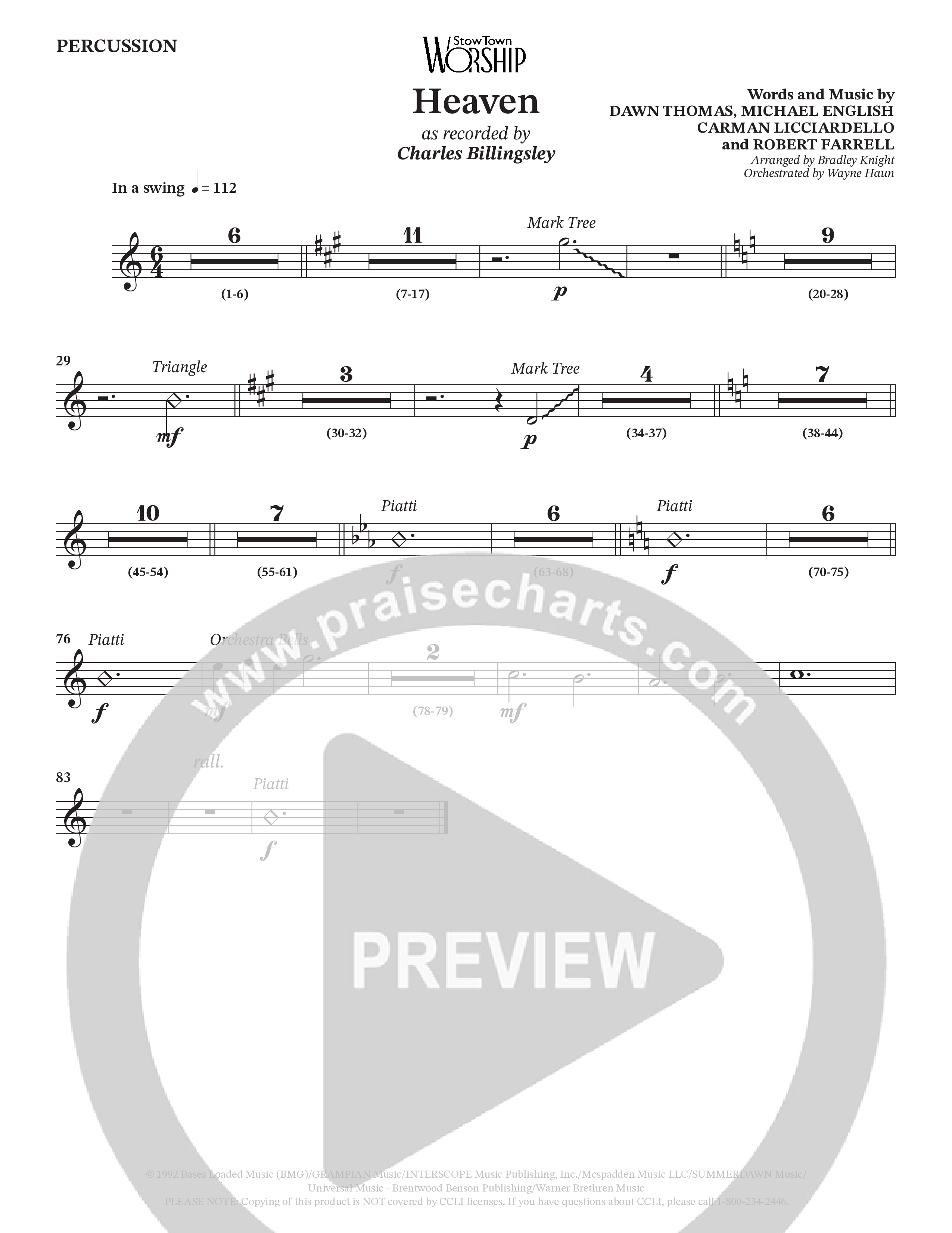 Heaven (Choral Anthem SATB) Percussion (Charles Billingsley / Arr. Bradley Knight / Orch. Wayne Haun)