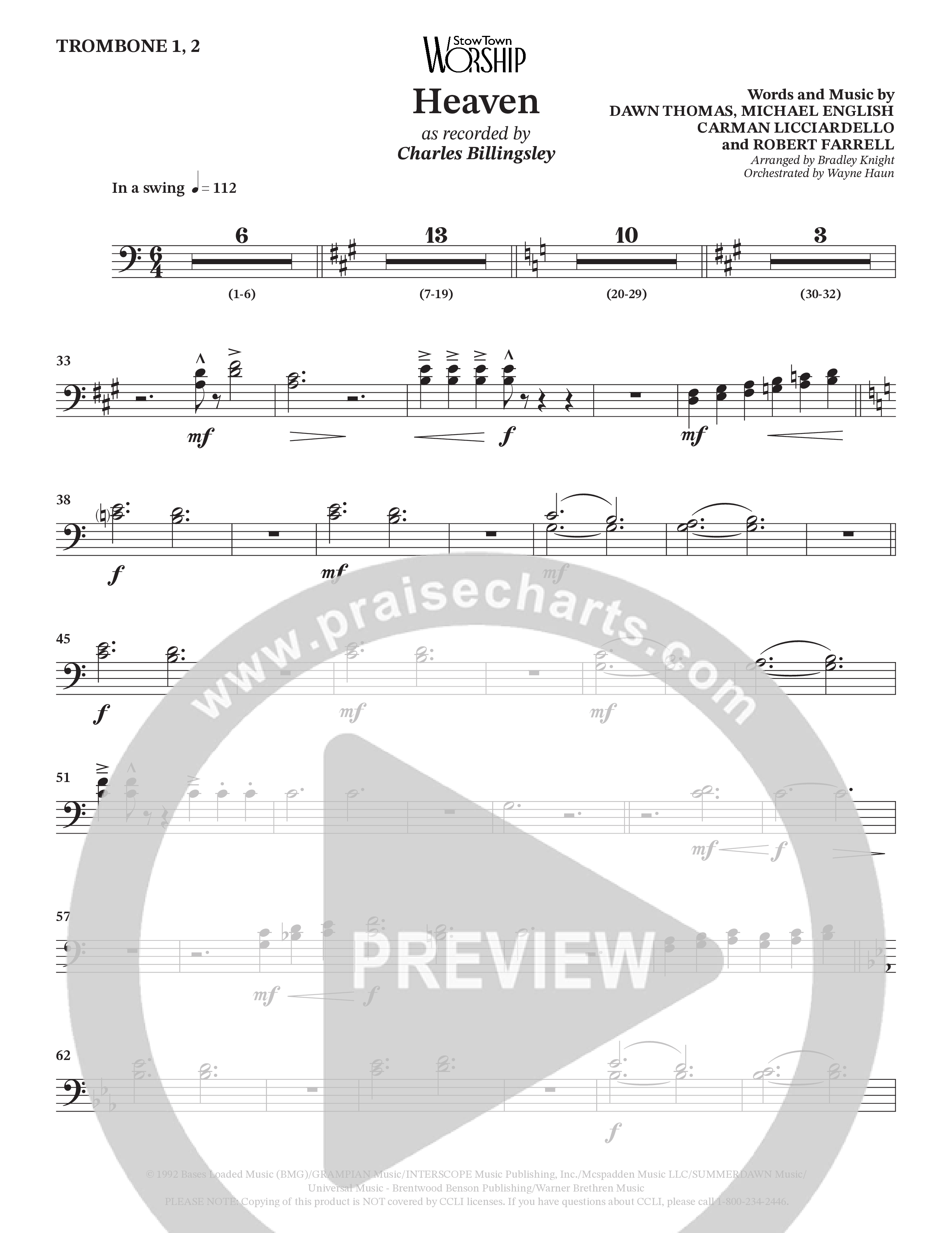 Heaven (Choral Anthem SATB) Trombone 1/2 (Charles Billingsley / Arr. Bradley Knight / Orch. Wayne Haun)