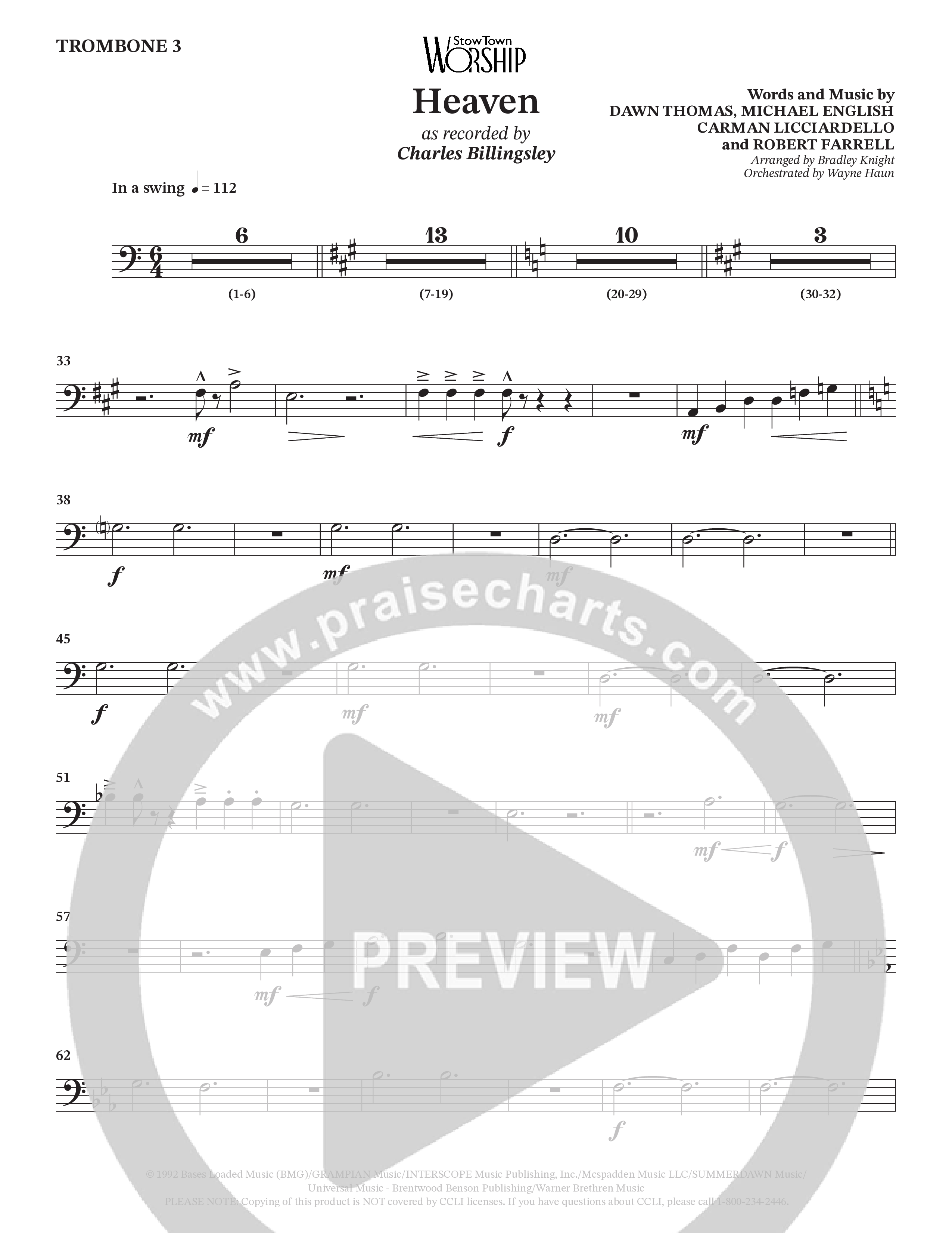 Heaven (Choral Anthem SATB) Trombone 3 (Charles Billingsley / Arr. Bradley Knight / Orch. Wayne Haun)