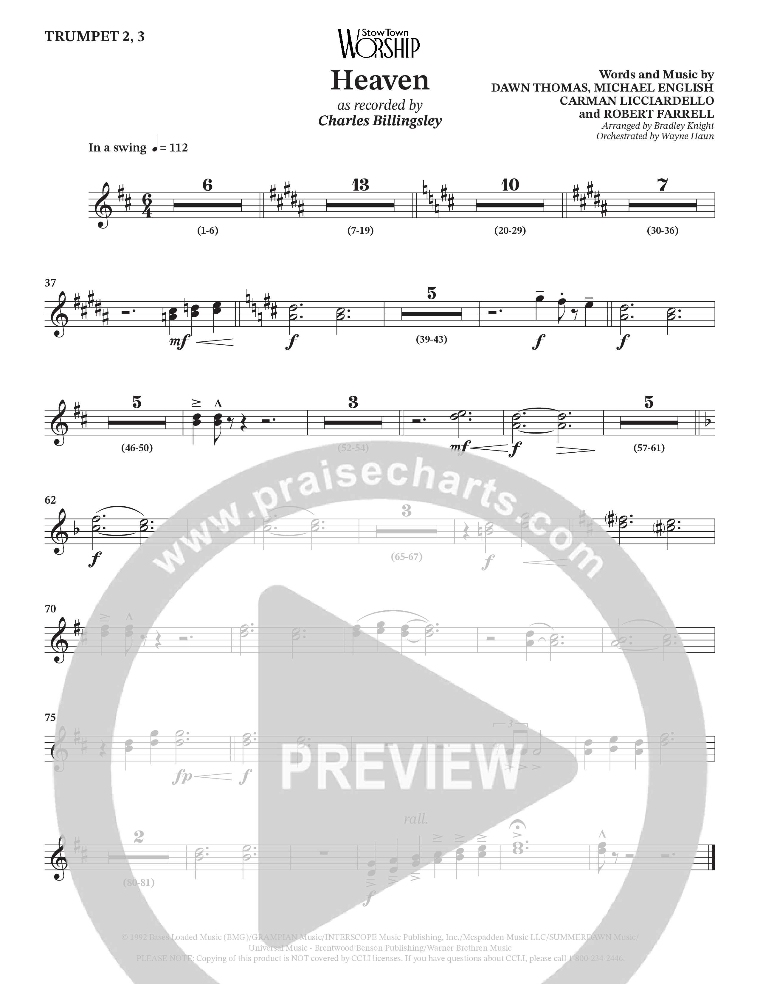 Heaven (Choral Anthem SATB) Trumpet 2/3 (Charles Billingsley / Arr. Bradley Knight / Orch. Wayne Haun)