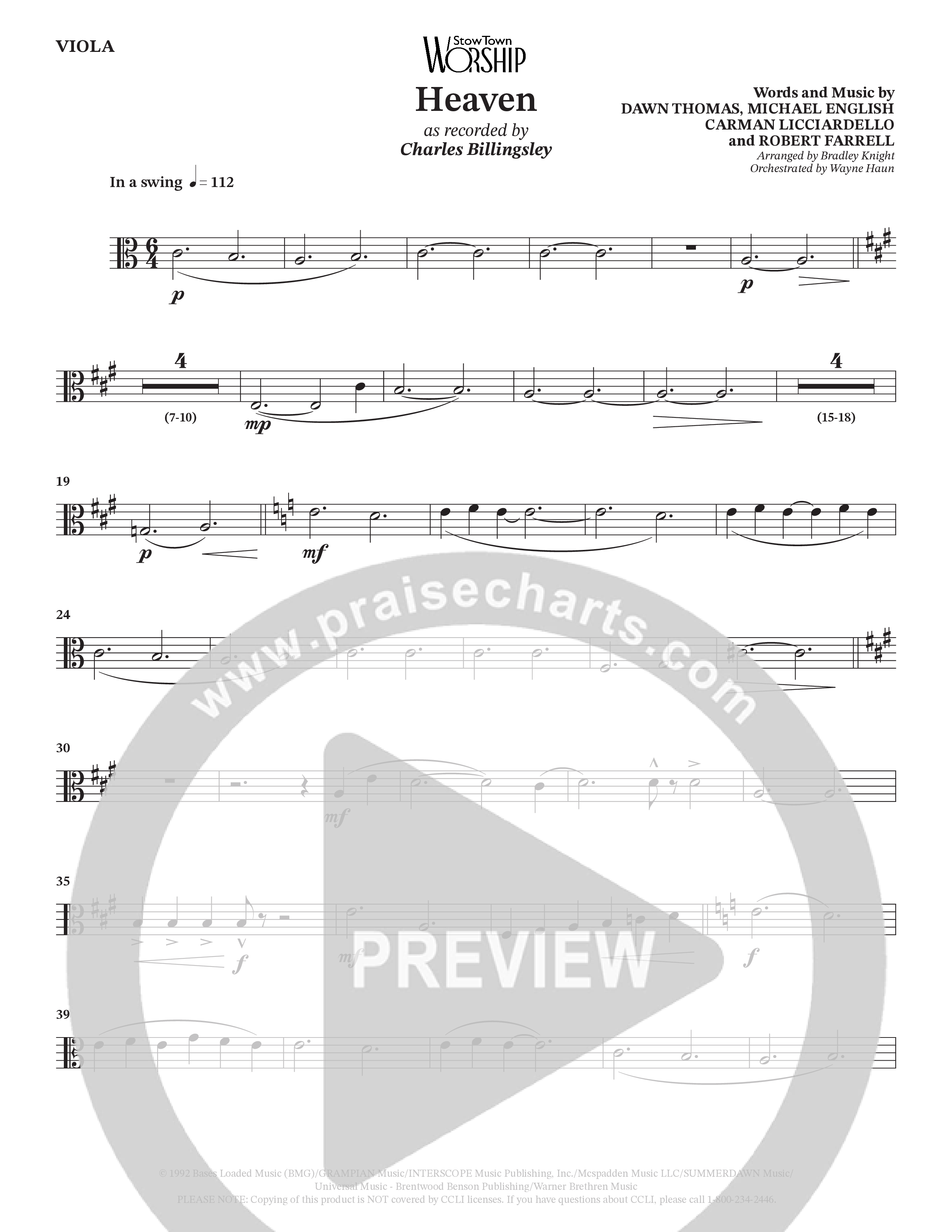 Heaven (Choral Anthem SATB) Viola (Charles Billingsley / Arr. Bradley Knight / Orch. Wayne Haun)