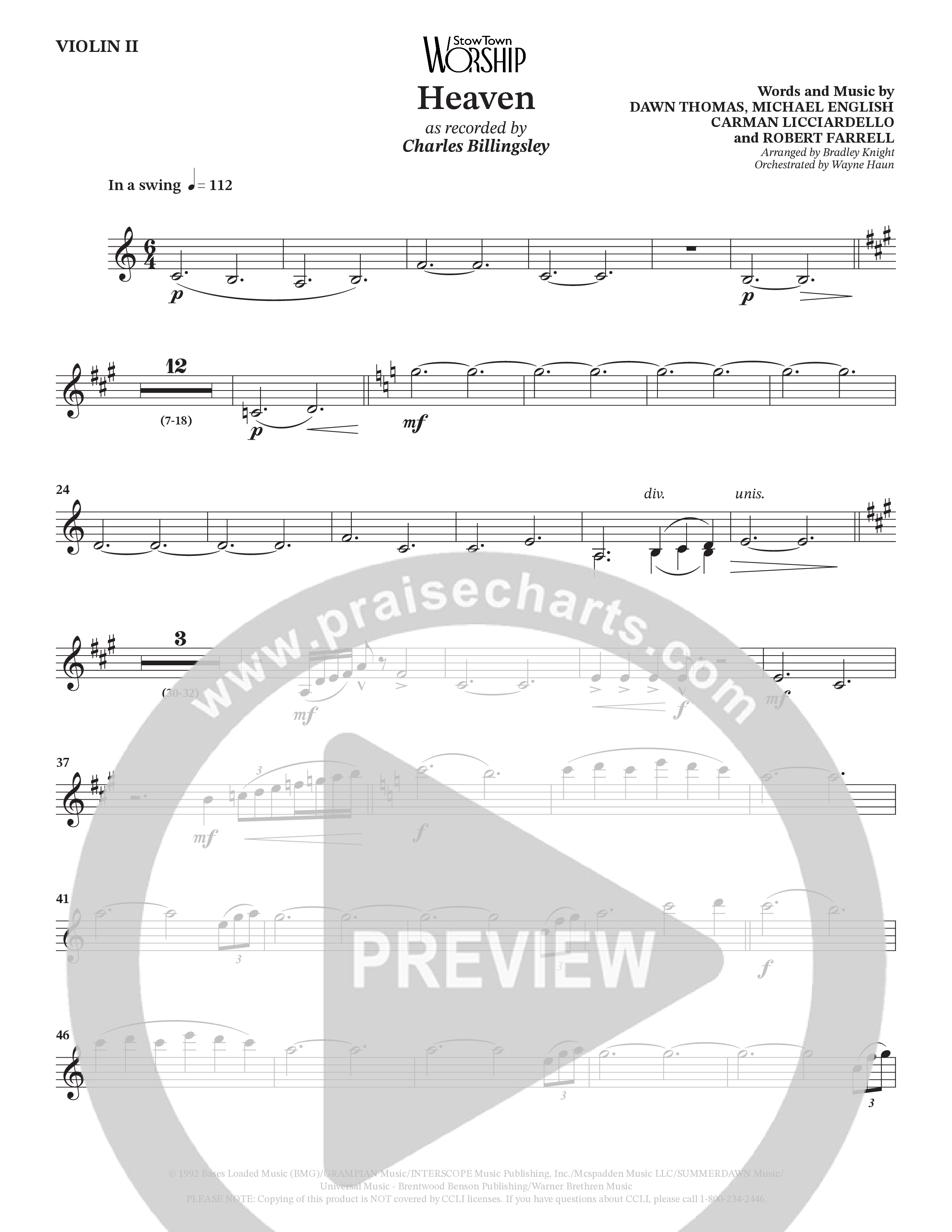 Heaven (Choral Anthem SATB) String Pack (Charles Billingsley / Arr. Bradley Knight / Orch. Wayne Haun)