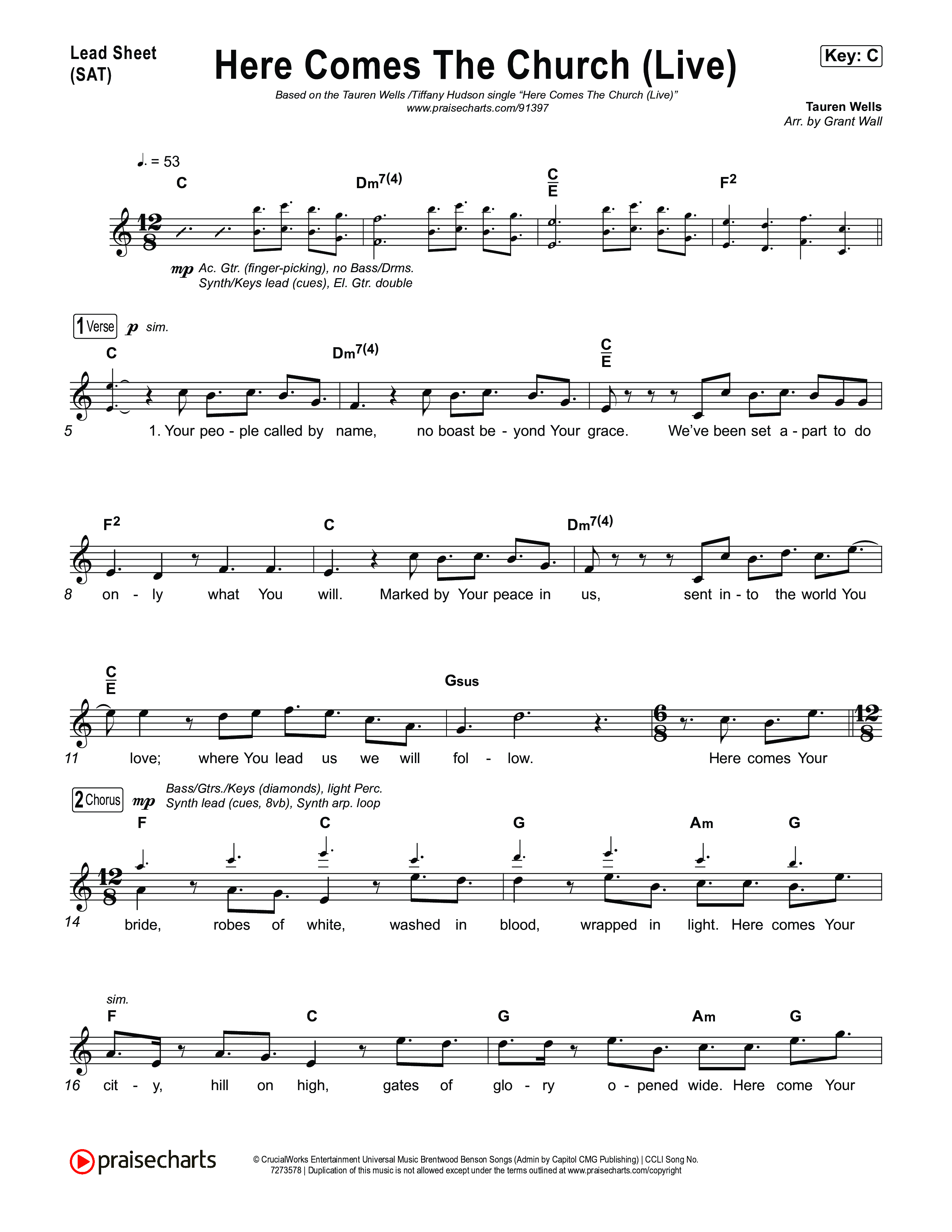 Here Comes The Church (Live) Lead Sheet (SAT) (Tauren Wells / Tiffany Hudson)