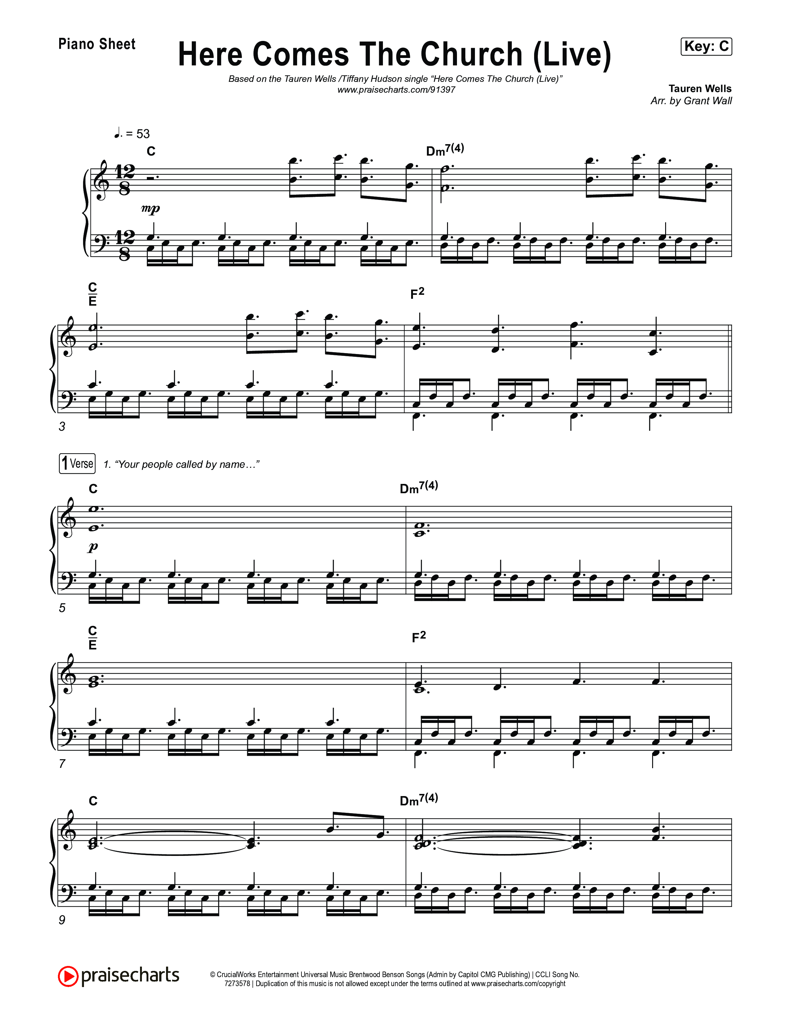 Here Comes The Church (Live) Piano Sheet (Tauren Wells / Tiffany Hudson)
