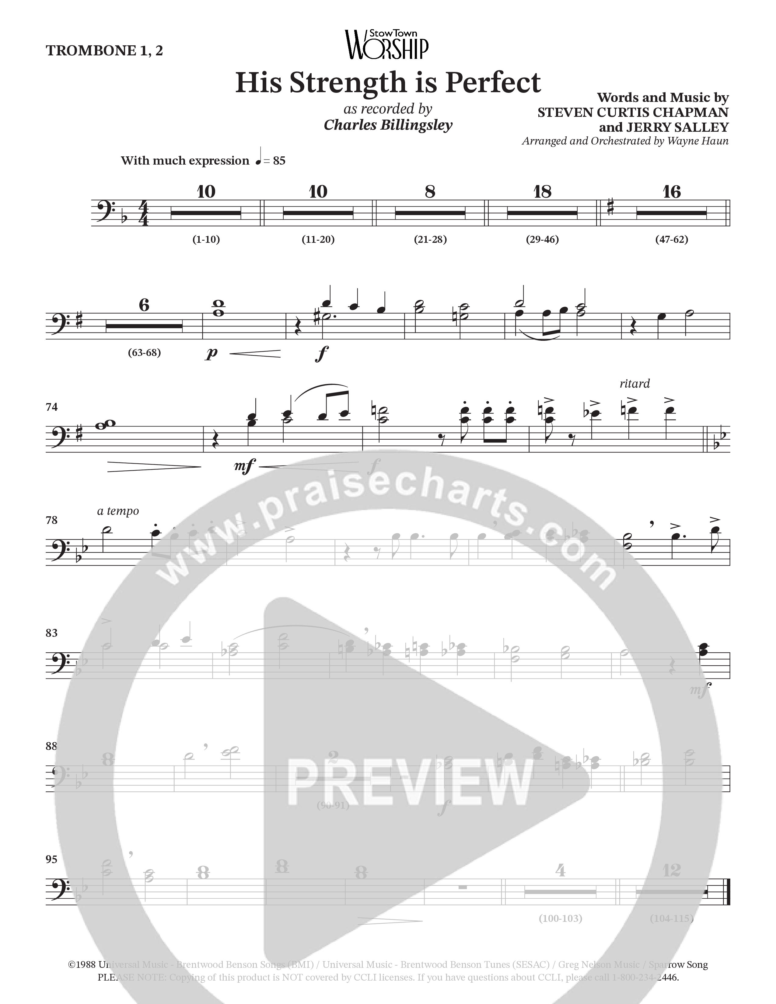 His Strength (Choral Anthem SATB) Trombone 1/2 (Charles Billingsley / Arr. Wayne Haun)