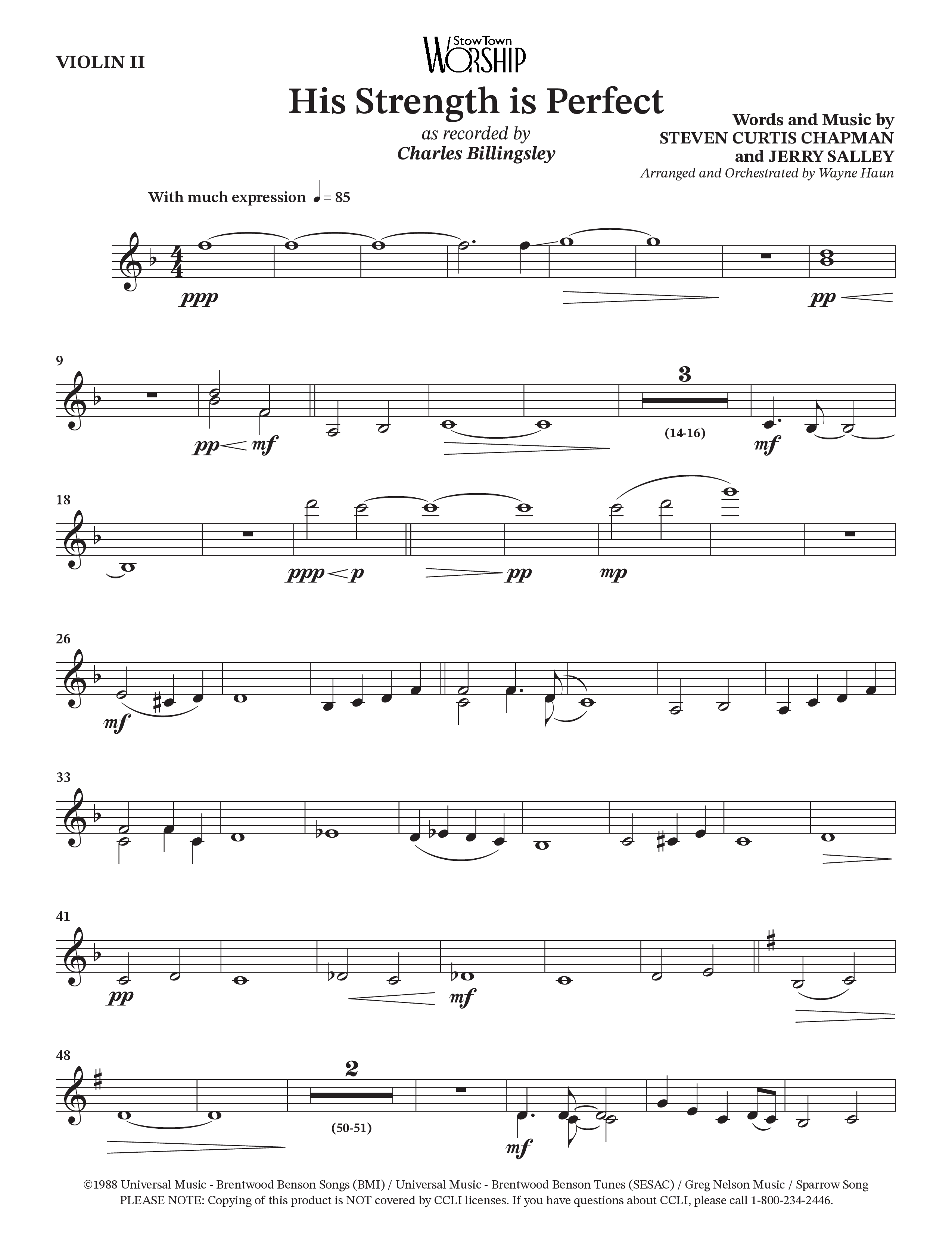 His Strength (Choral Anthem SATB) Violin 2 (Charles Billingsley / Arr. Wayne Haun)