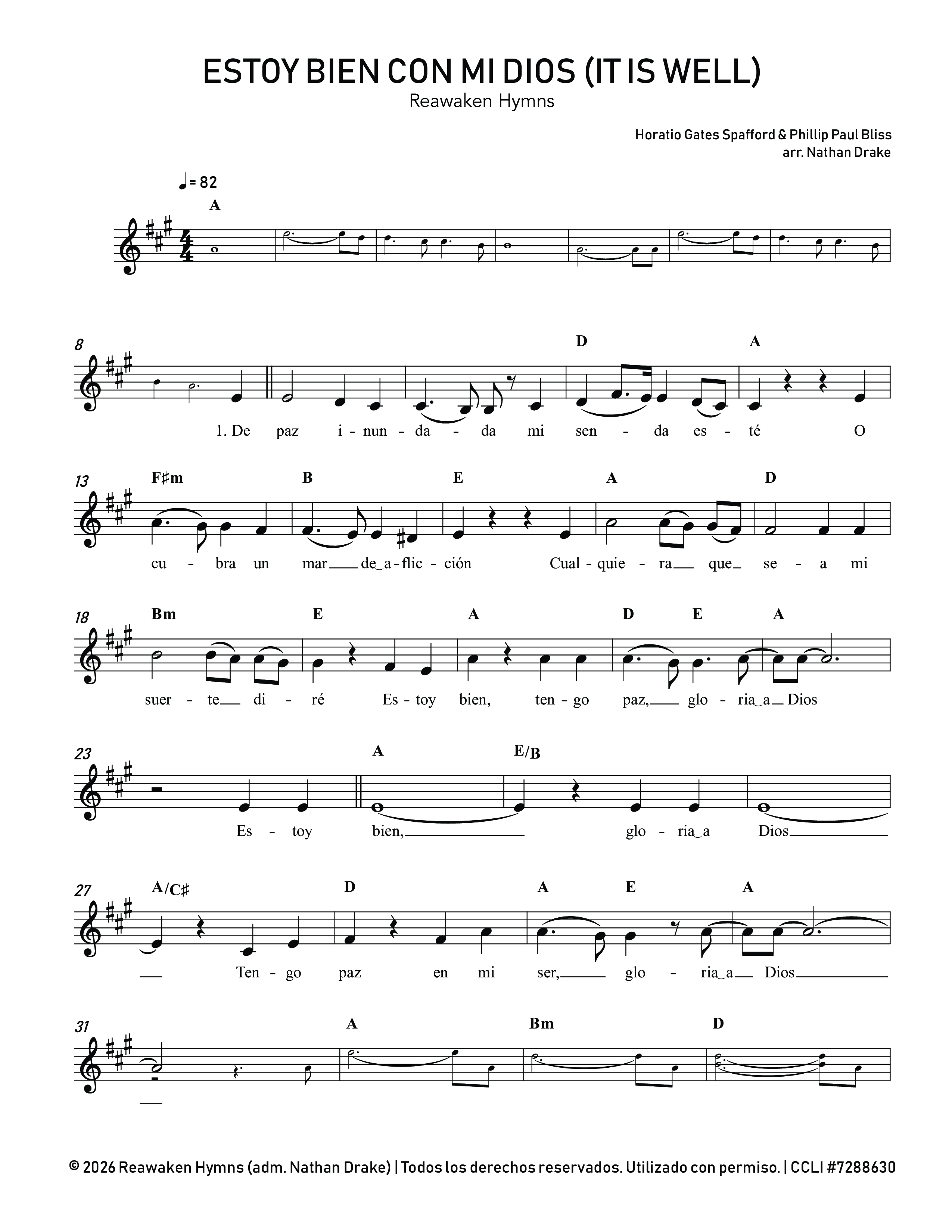 Estoy Bien Con Mi Dios (It Is Well) Lead Sheet Melody (Reawaken Hymns)