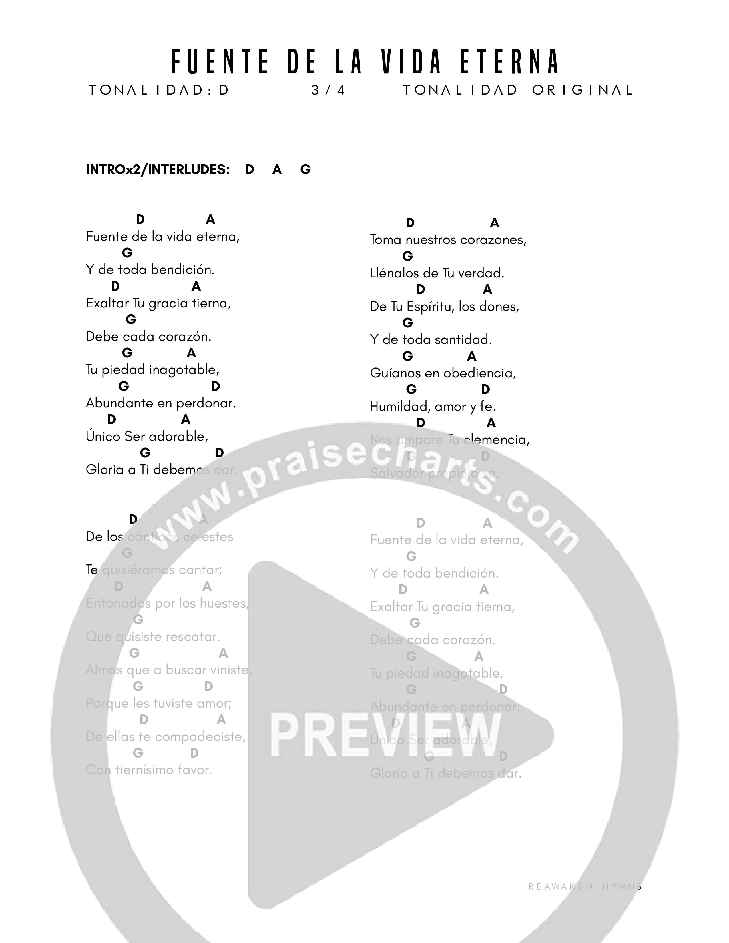 Fuente de la Vida Eterna (Come Thou Fount) Chord Chart (Reawaken Hymns)