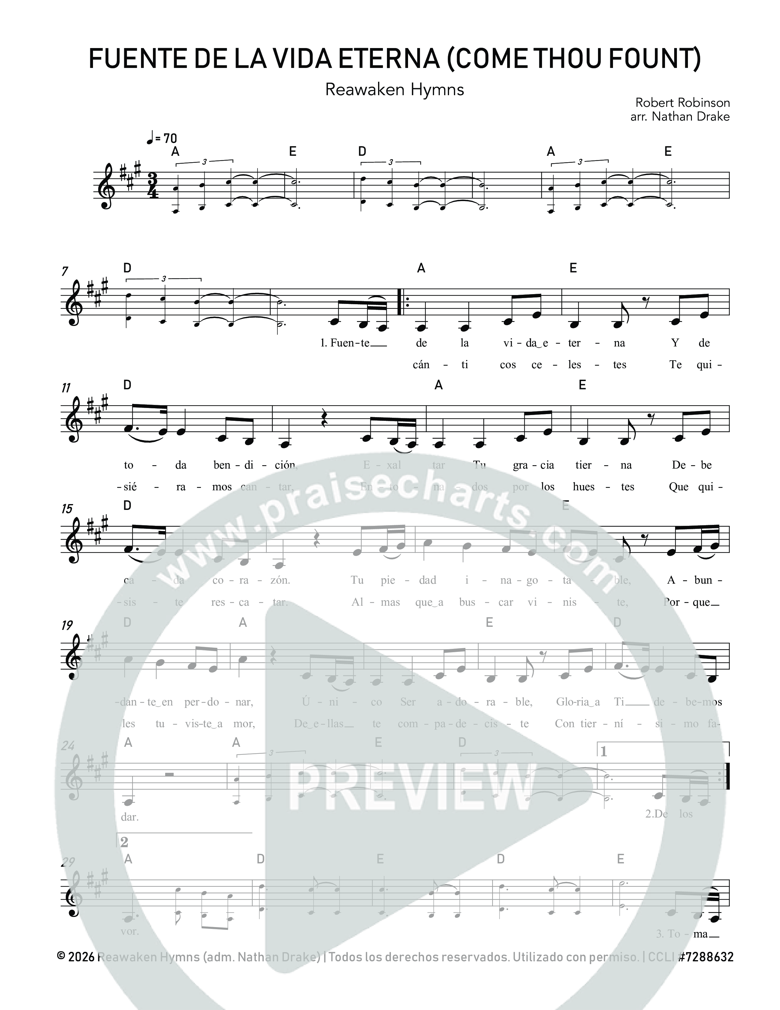 Fuente de la Vida Eterna (Come Thou Fount) Lead Sheet Melody (Reawaken Hymns)