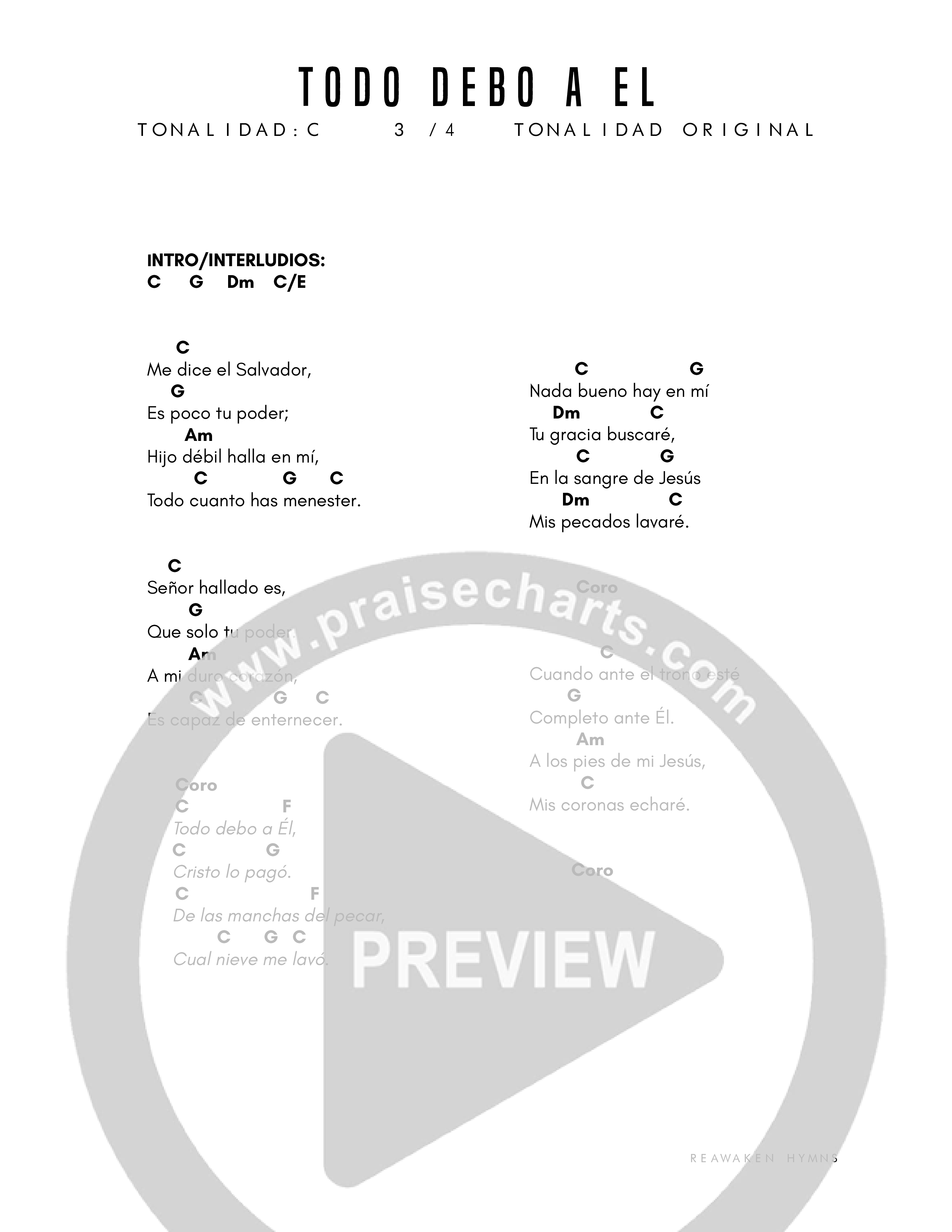 Todo Debo A Él (Jesus Paid It All) Chord Chart (Reawaken Hymns)