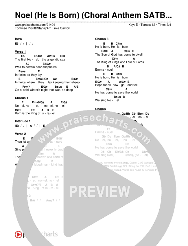 Noel (He Is Born) (Choral Anthem SATB) Chords & Lyrics (Tommee Profitt / Stanaj / Arr. Luke Gambill)