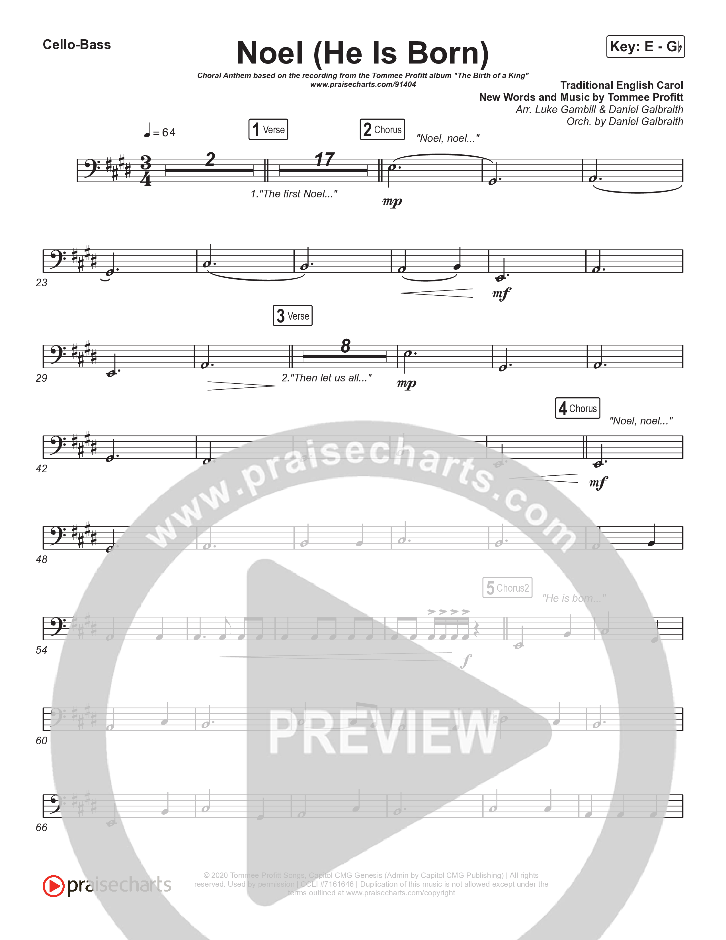 Noel (He Is Born) (Choral Anthem SATB) Cello/Bass (Tommee Profitt / Stanaj / Arr. Luke Gambill)