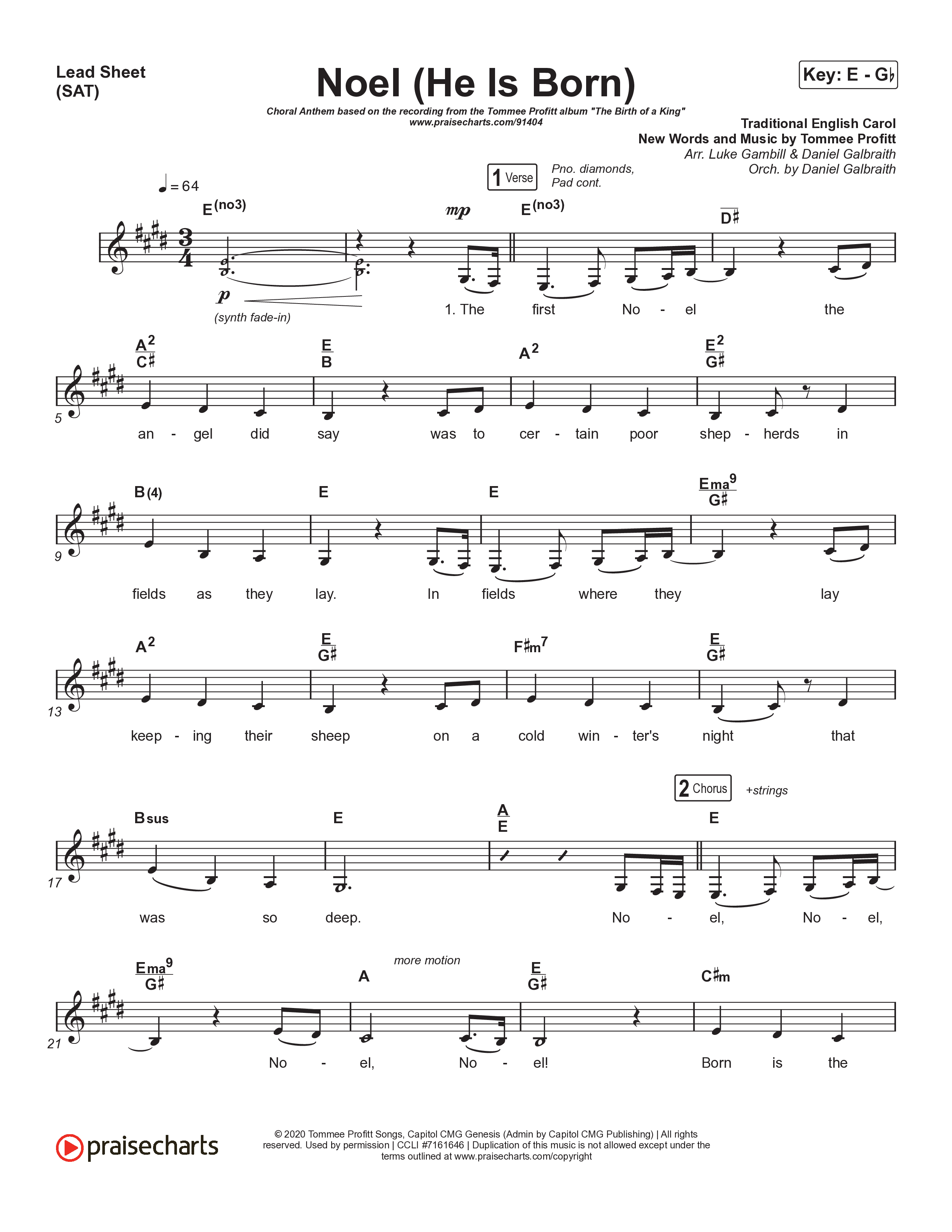 Noel (He Is Born) (Choral Anthem SATB) Lead Sheet (SAT) (Tommee Profitt / Stanaj / Arr. Luke Gambill)