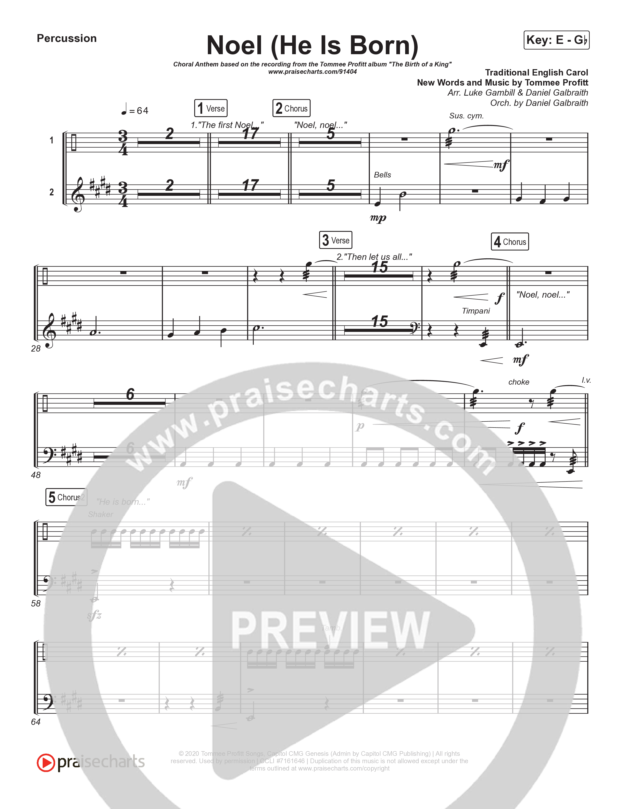 Noel (He Is Born) (Choral Anthem SATB) Percussion (Tommee Profitt / Stanaj / Arr. Luke Gambill)