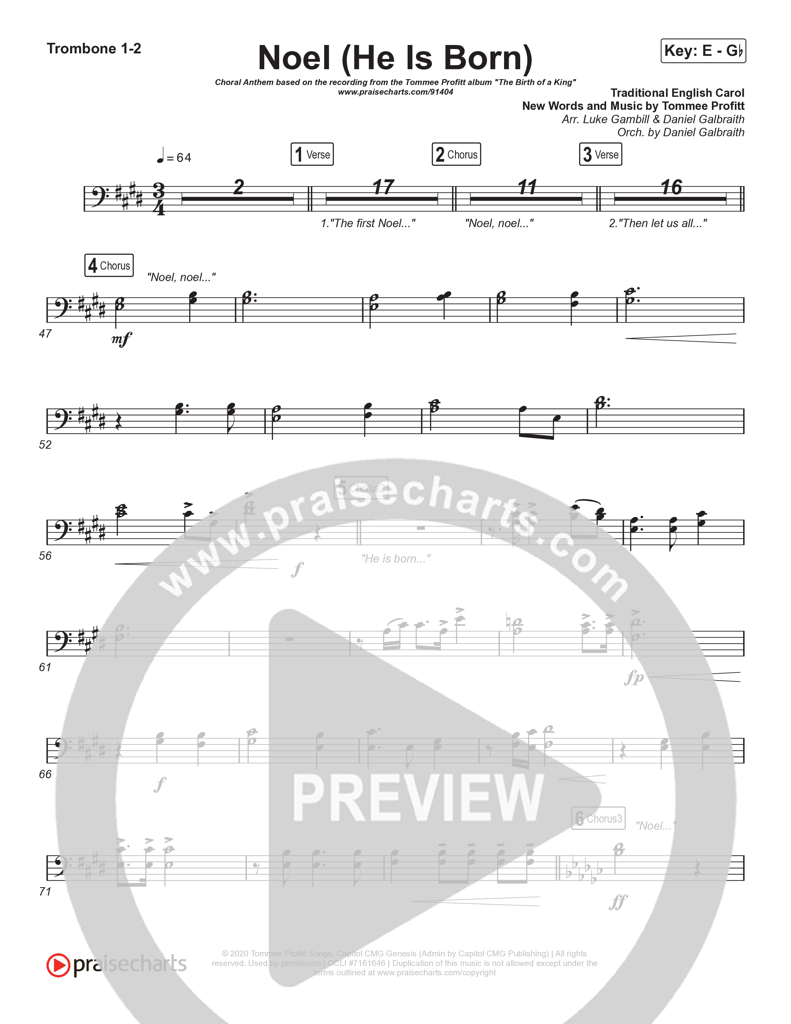 Noel (He Is Born) (Choral Anthem SATB) Trombone 1,2 (Tommee Profitt / Stanaj / Arr. Luke Gambill)