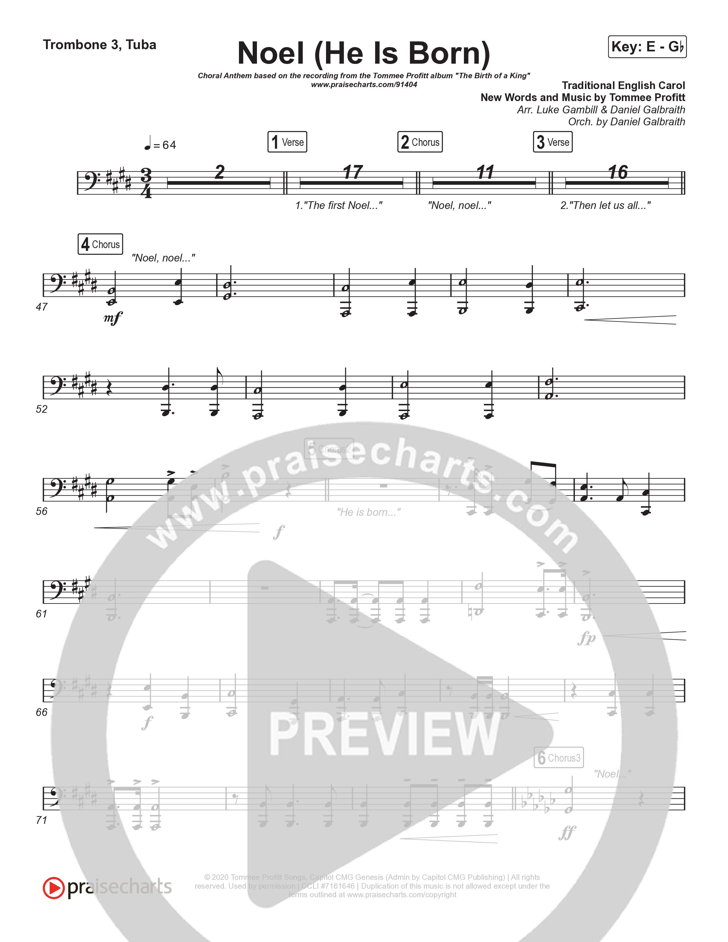 Noel (He Is Born) (Choral Anthem SATB) Trombone 3/Tuba (Tommee Profitt / Stanaj / Arr. Luke Gambill)