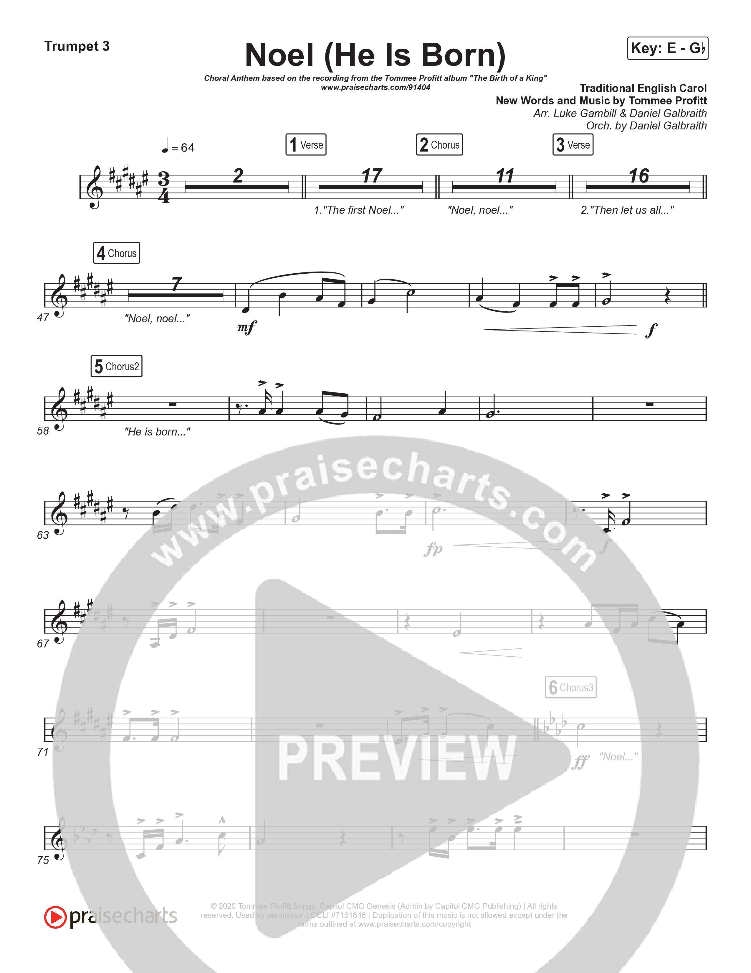 Noel (He Is Born) (Choral Anthem SATB) Trumpet 1,2 (Tommee Profitt / Stanaj / Arr. Luke Gambill)