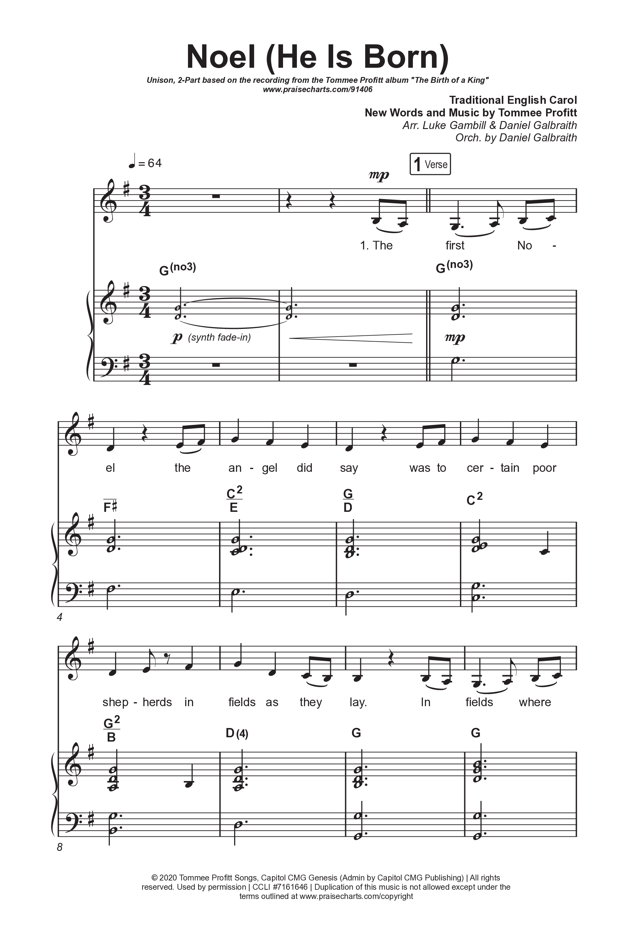 Noel (He Is Born) (Unison/2-Part) Octavo (Uni/2-Part & Pno) (Tommee Profitt / Stanaj / Arr. Luke Gambill)
