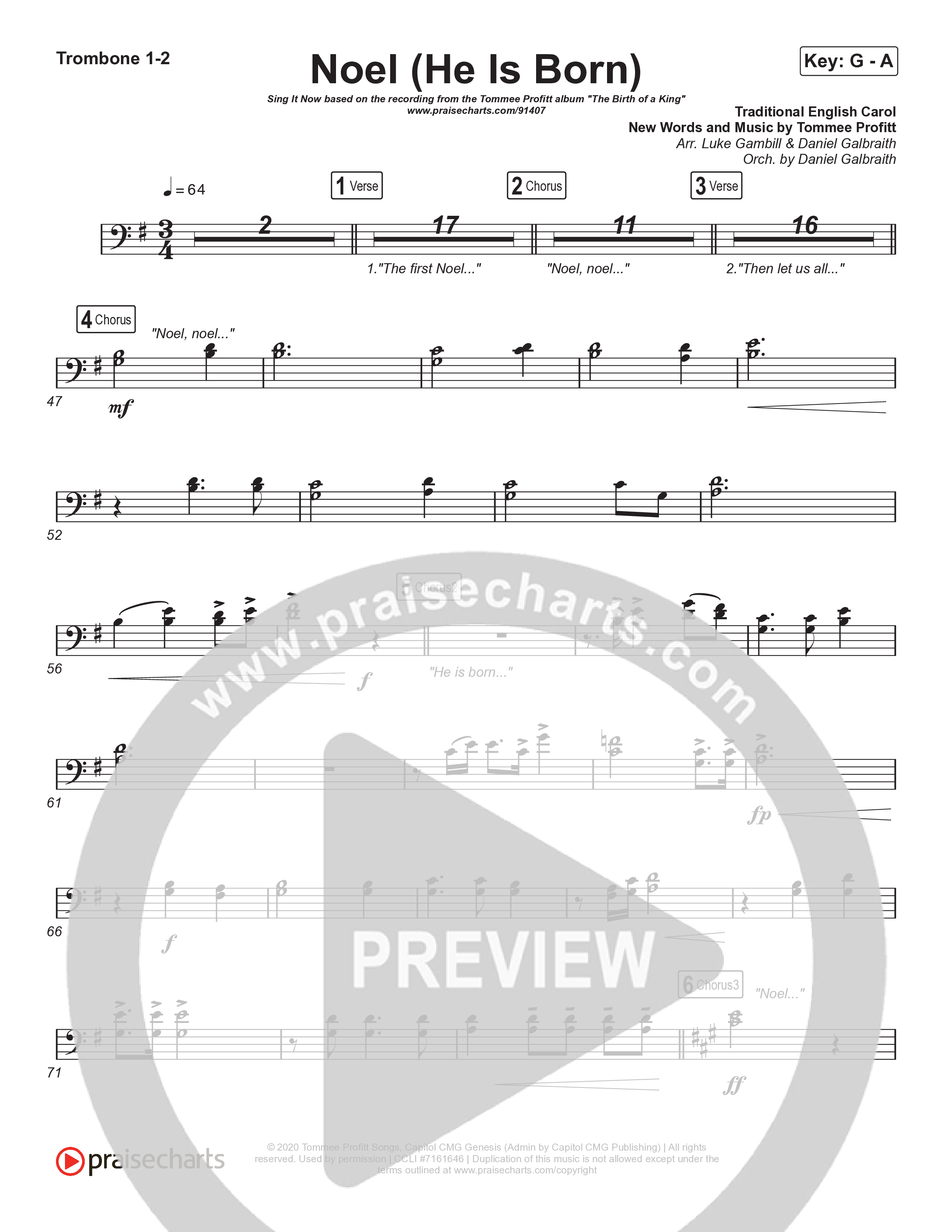 Noel (He Is Born) (Sing It Now) Trombone 1/2 (Tommee Profitt / Stanaj / Arr. Luke Gambill)