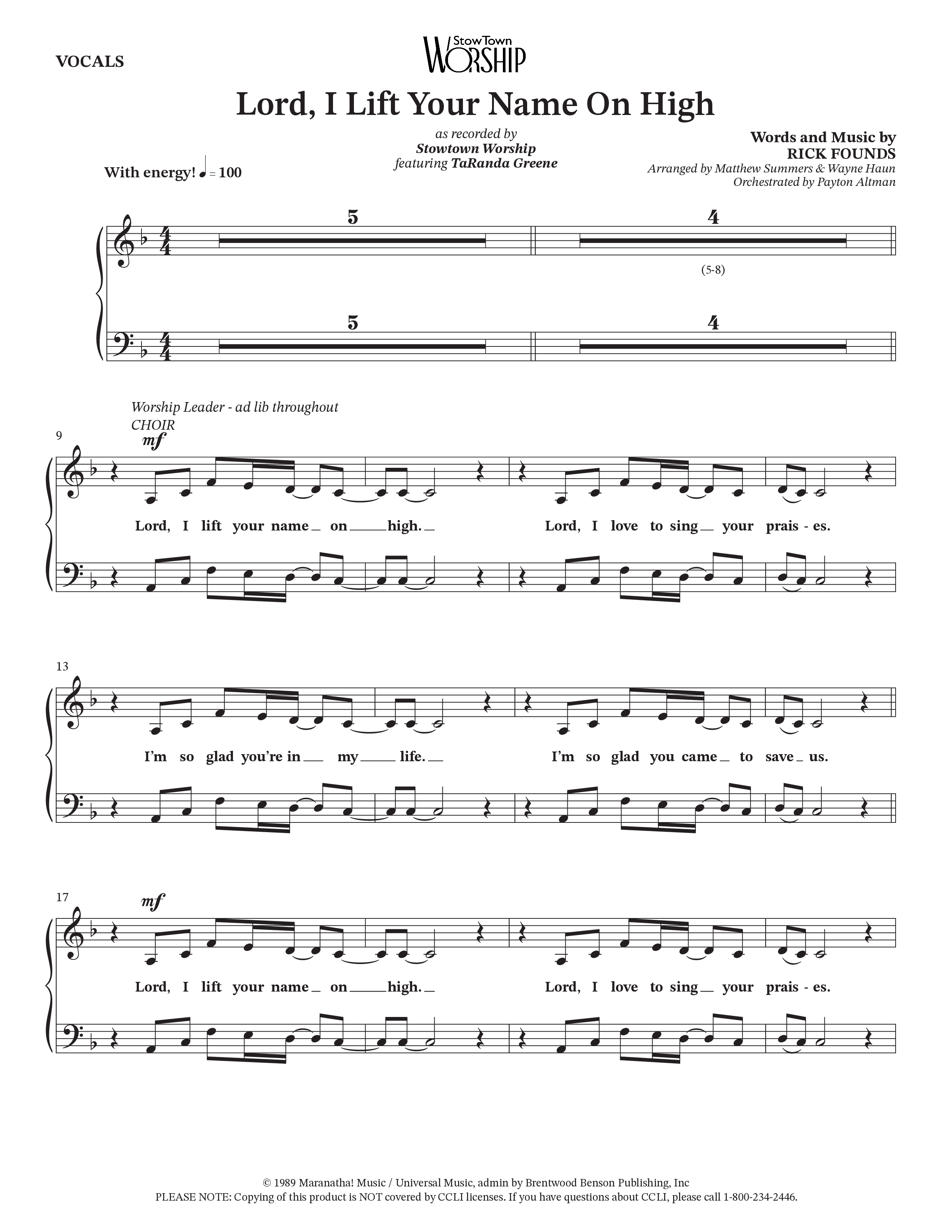 Lord I Lift Your Name On High (Live) (Choral Anthem SATB) Choir Sheet (SATB) (StowTown Worship / TaRanda Greene)