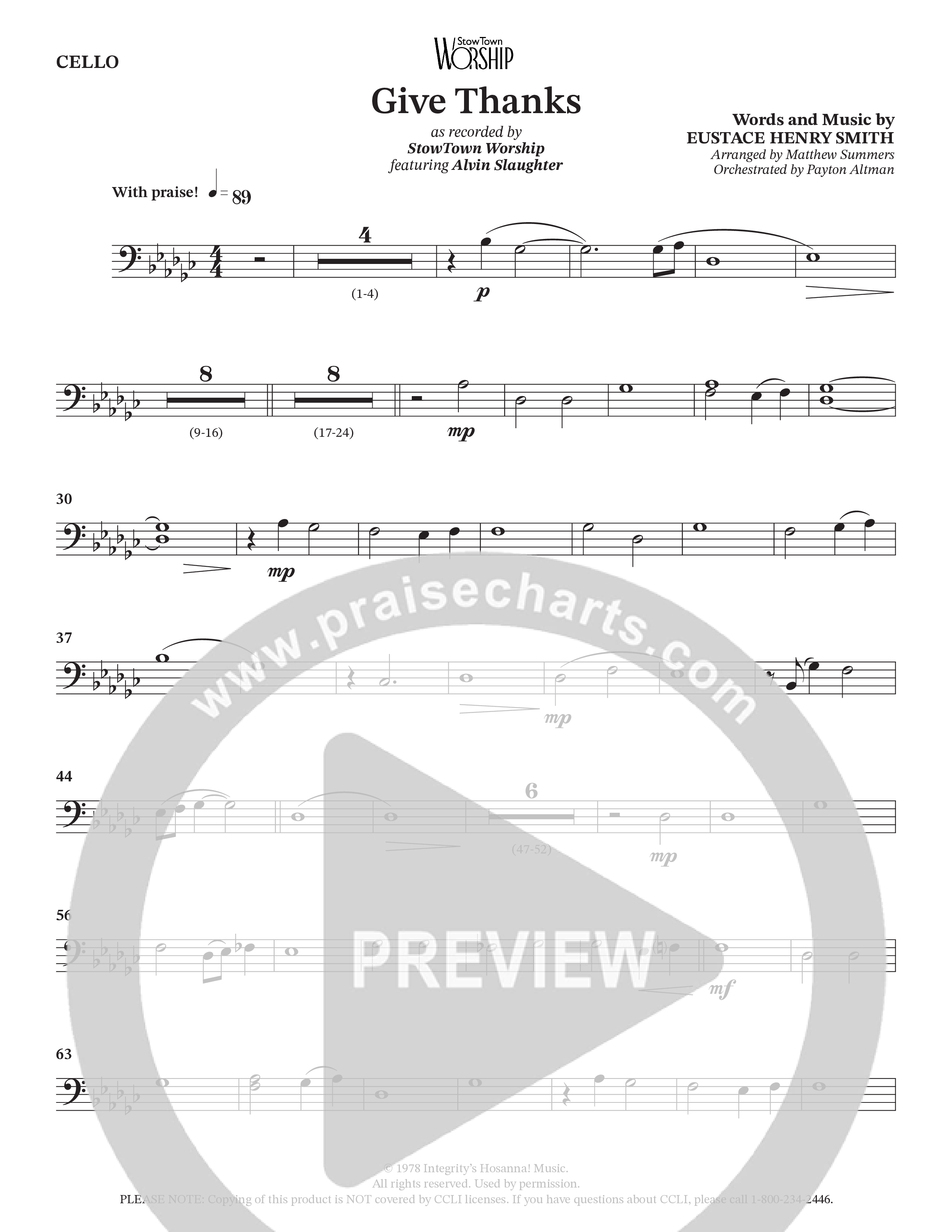 Give Thanks (Choral Anthem SATB) Cello (StowTown Worship / Alvin Slaughter)