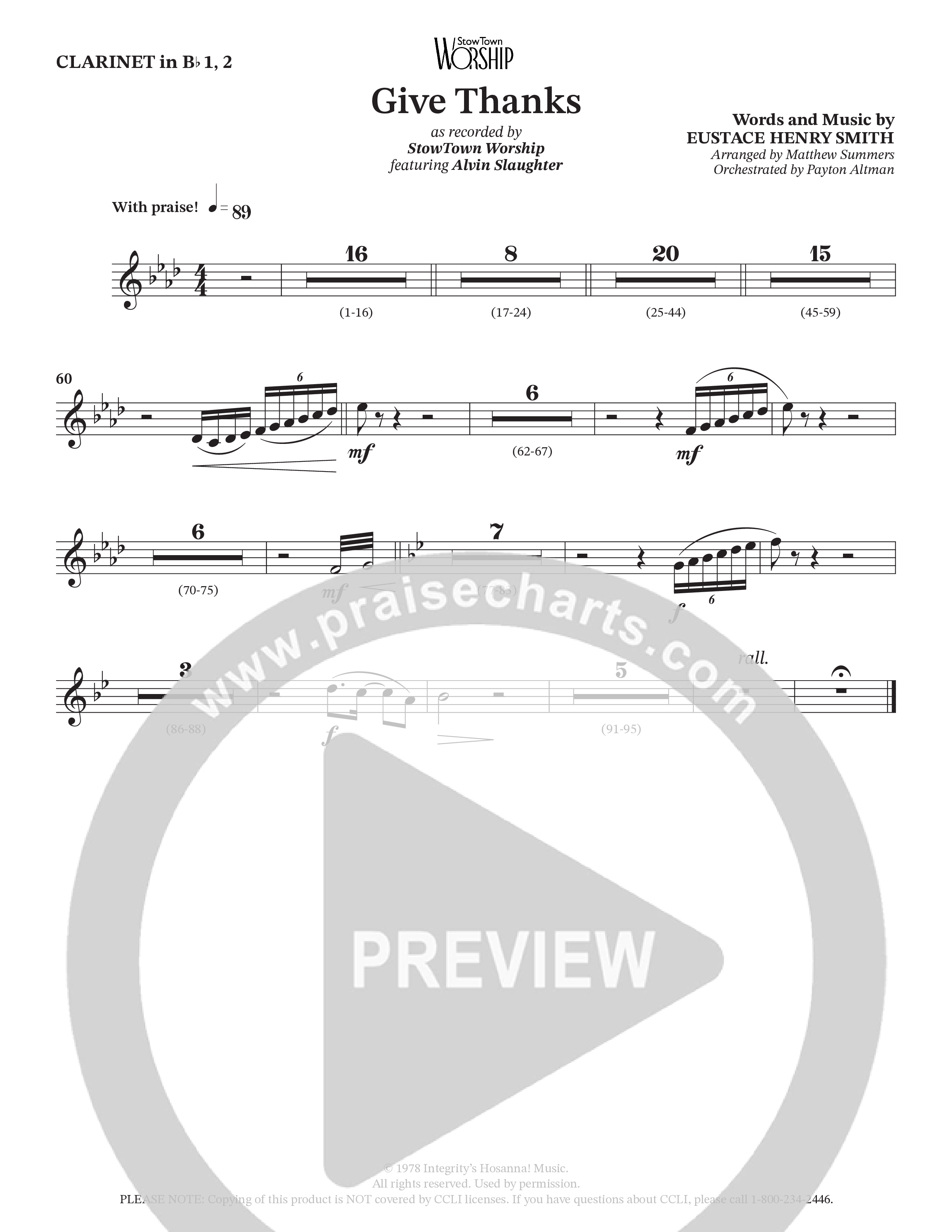 Give Thanks (Choral Anthem SATB) Clarinet 1/2 (StowTown Worship / Alvin Slaughter)