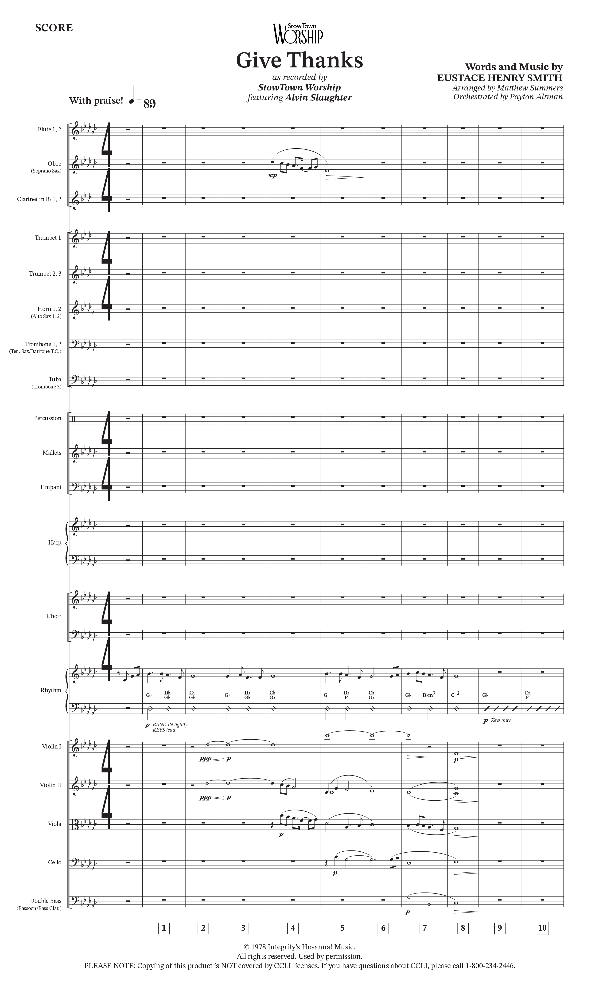 Give Thanks (Choral Anthem SATB) Orchestration (StowTown Worship / Alvin Slaughter)