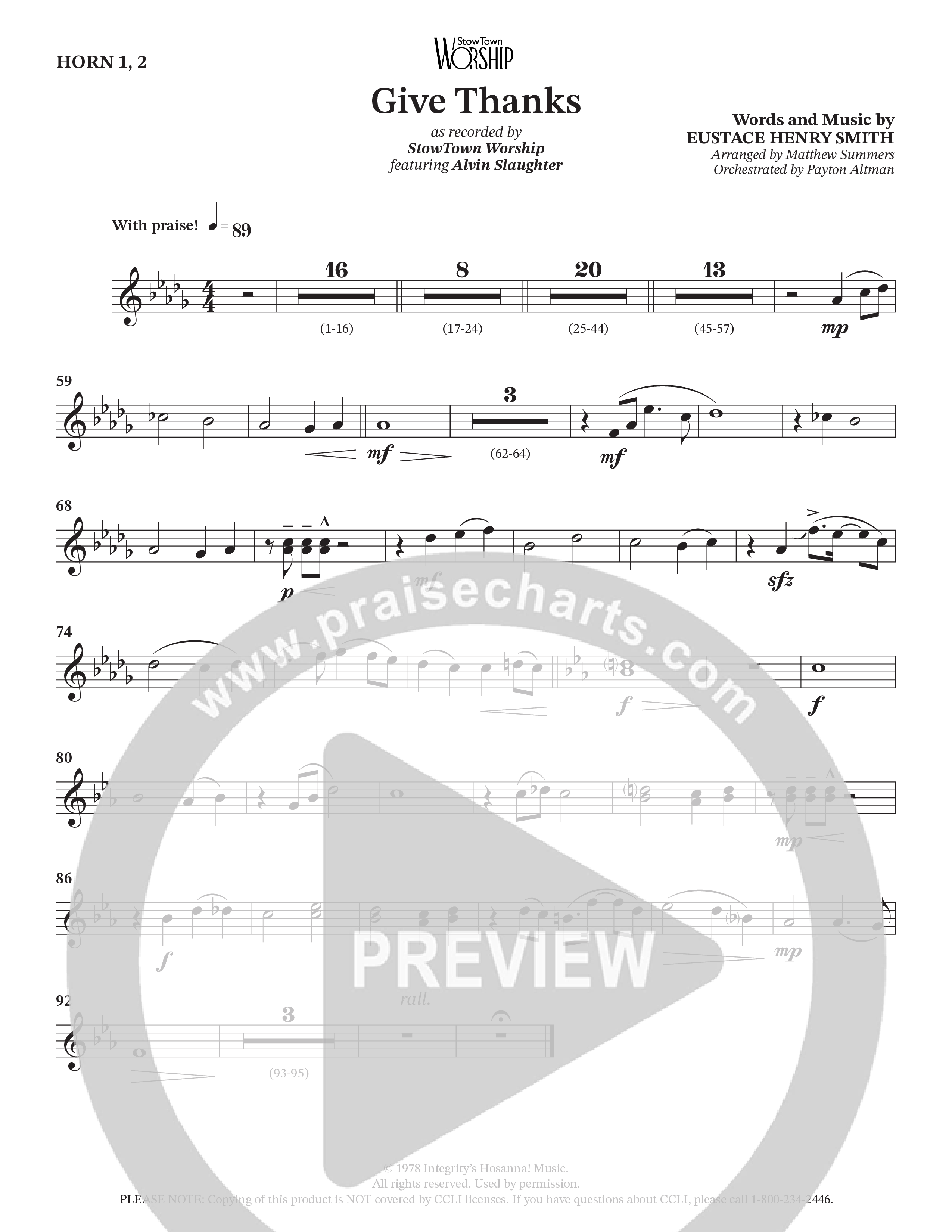 Give Thanks (Choral Anthem SATB) French Horn 1/2 (StowTown Worship / Alvin Slaughter)