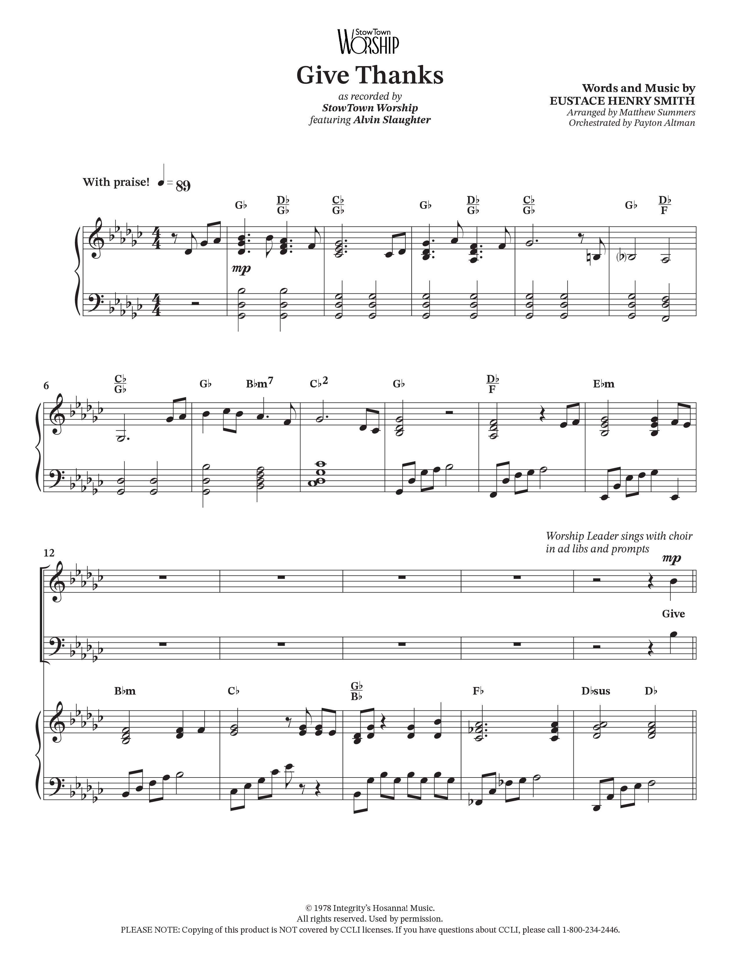 Give Thanks (Choral Anthem SATB) Anthem (SATB/Piano) (StowTown Worship / Alvin Slaughter)