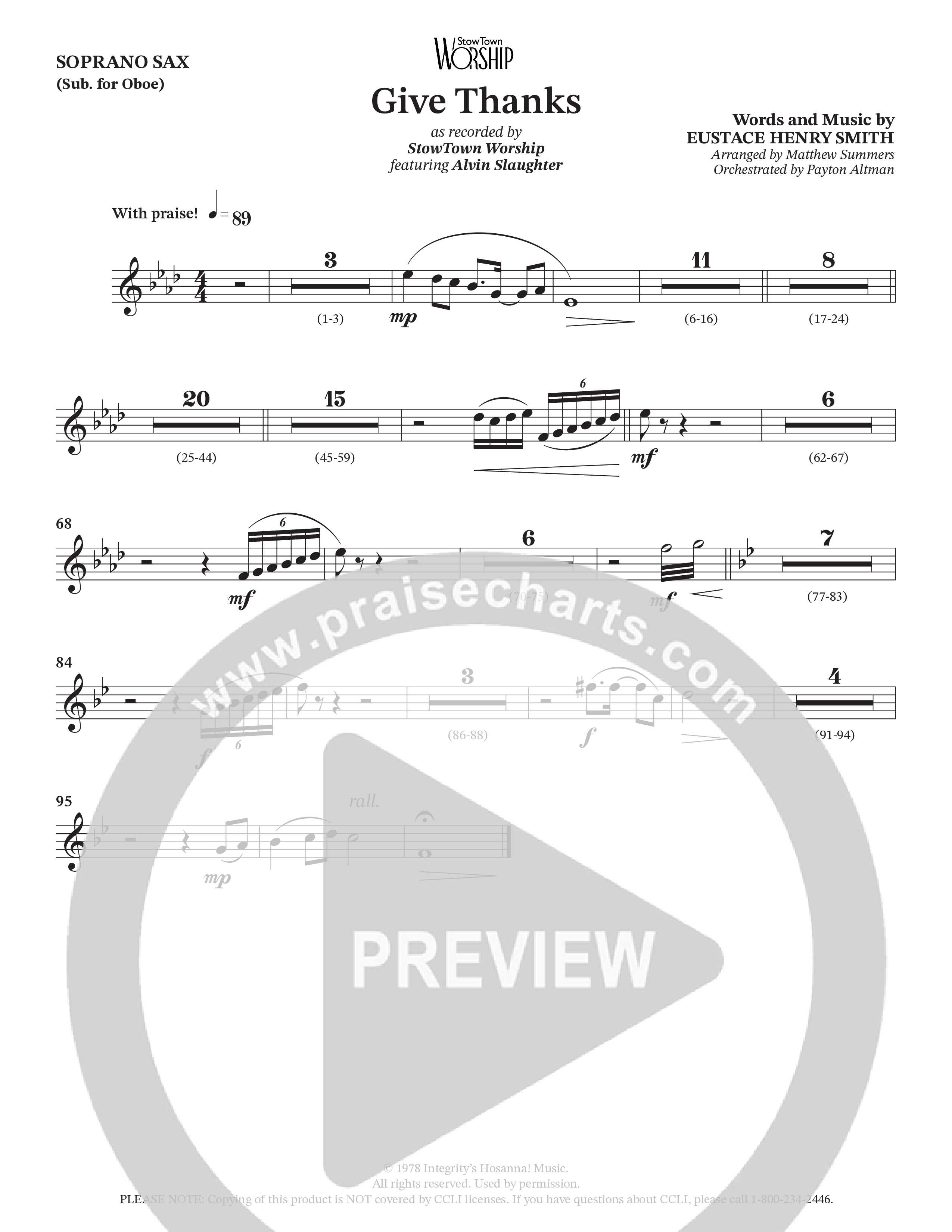 Give Thanks (Choral Anthem SATB) Soprano Sax (StowTown Worship / Alvin Slaughter)