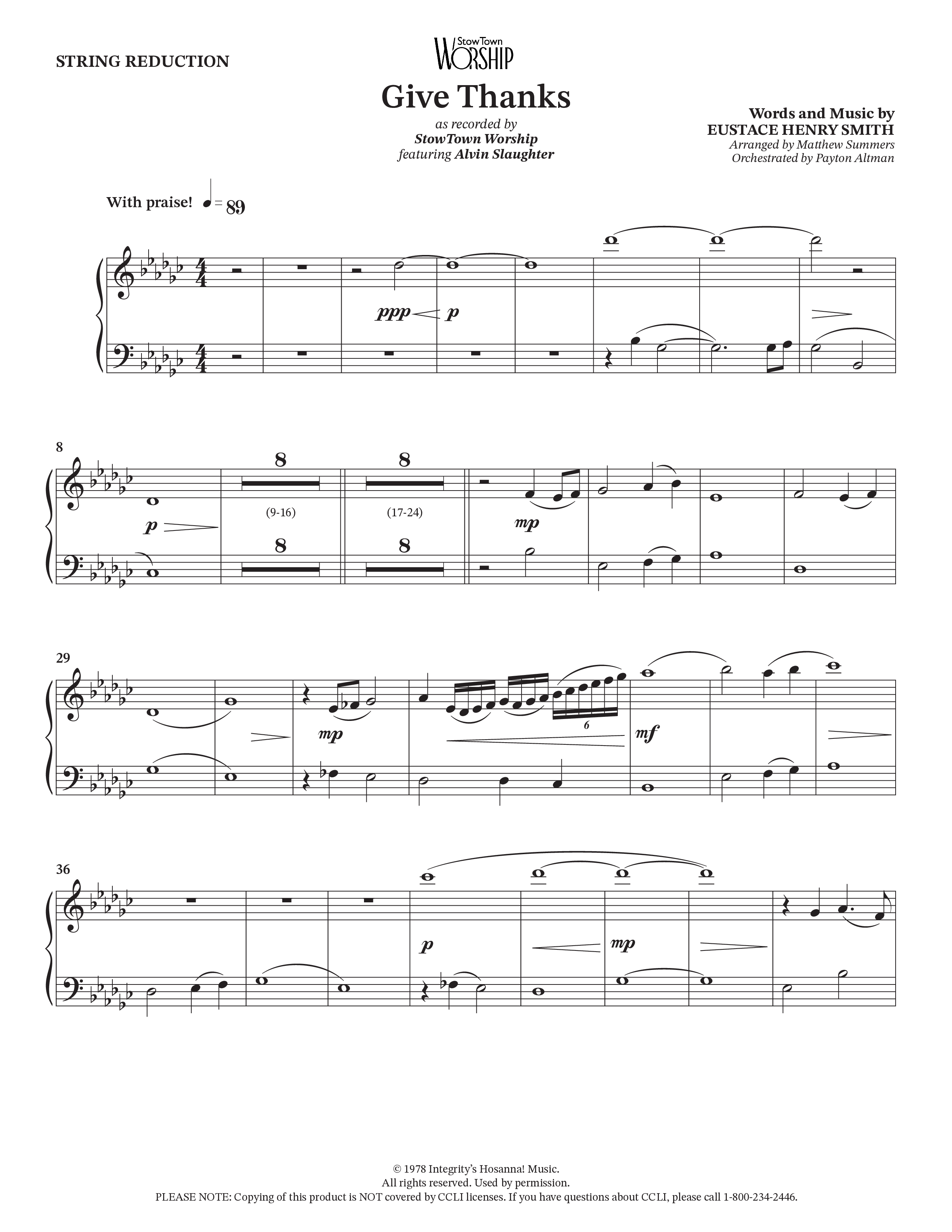Give Thanks (Choral Anthem SATB) String Reduction (StowTown Worship / Alvin Slaughter)