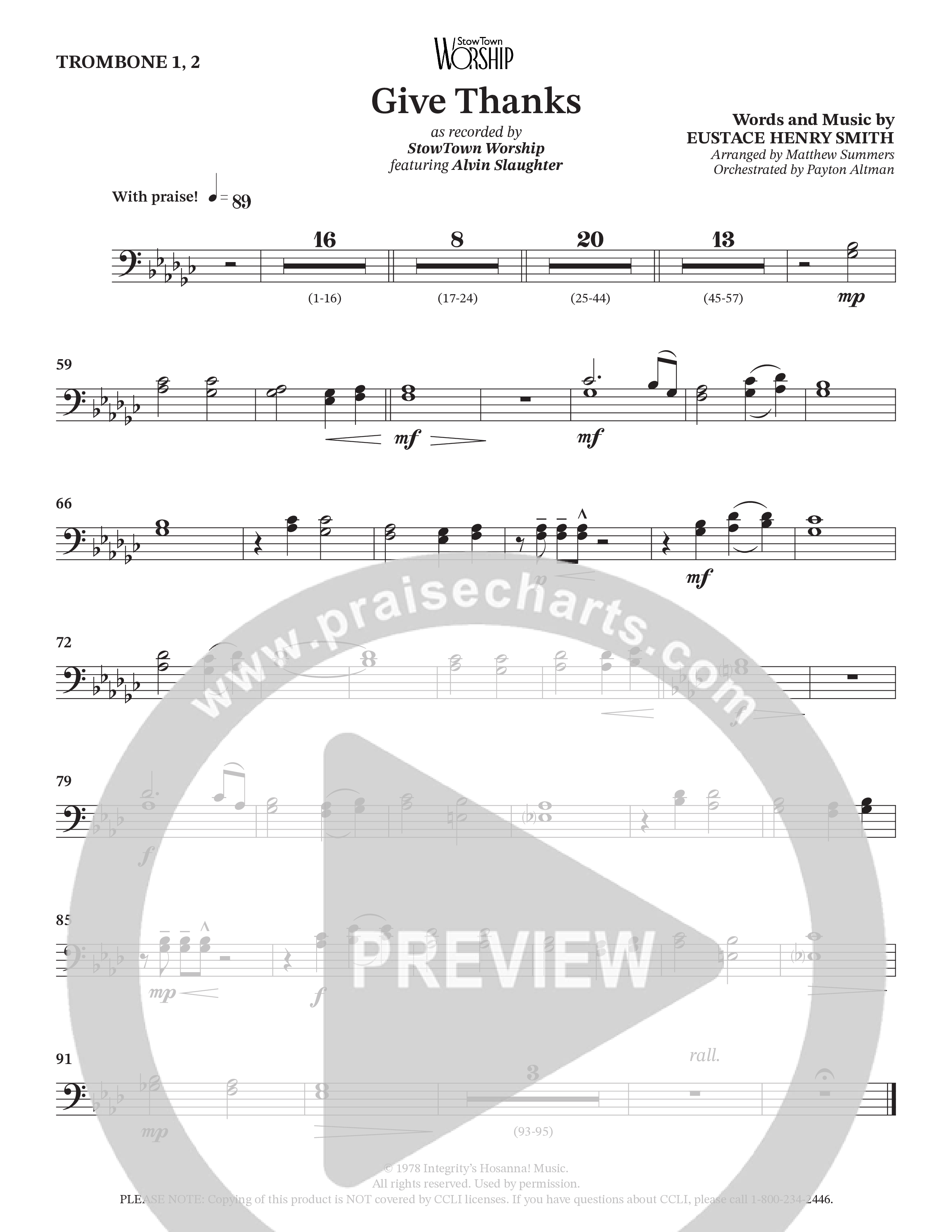 Give Thanks (Choral Anthem SATB) Trombone 1/2 (StowTown Worship / Alvin Slaughter)