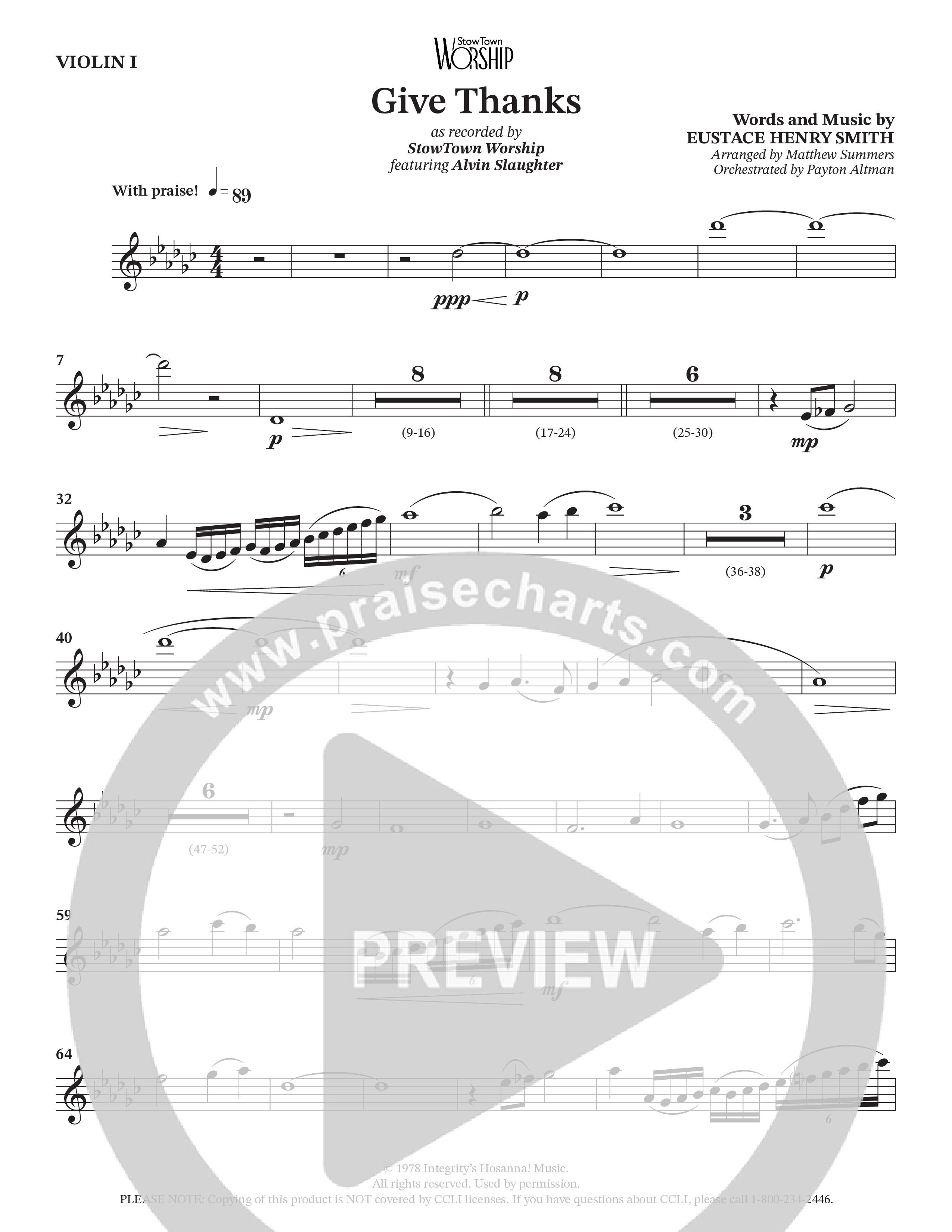 Give Thanks (Choral Anthem SATB) Violin 1 (StowTown Worship / Alvin Slaughter)