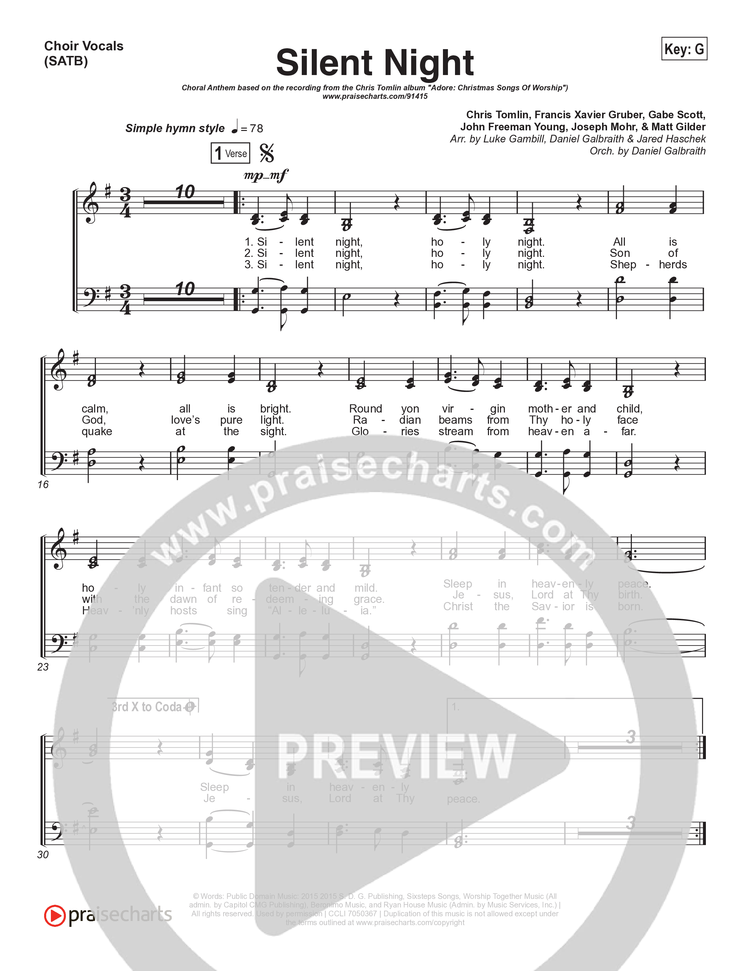 Silent Night (Choral Anthem SATB) Choir Sheet (SATB) (Chris Tomlin / Kristyn Getty / Arr. Luke Gambill)